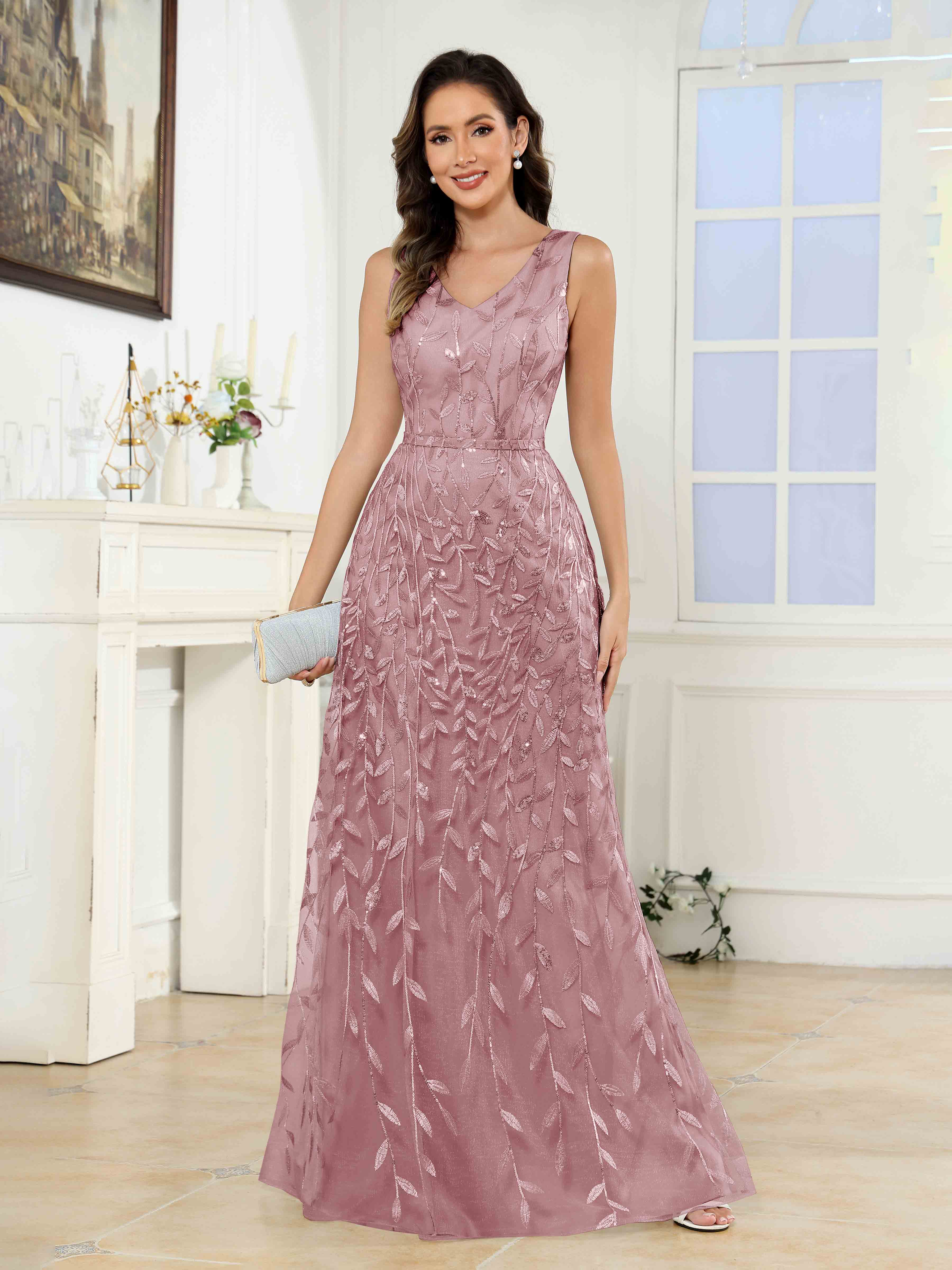 Estelle Chic A-Line V Neck Sequins Floor Length Mother of the Bride & Groom Dresses, Dusty Rose Estelle Chic A-Line V Neck Sequins Floor Length Mother of the Bride & Groom Dresses, Dusty Rose