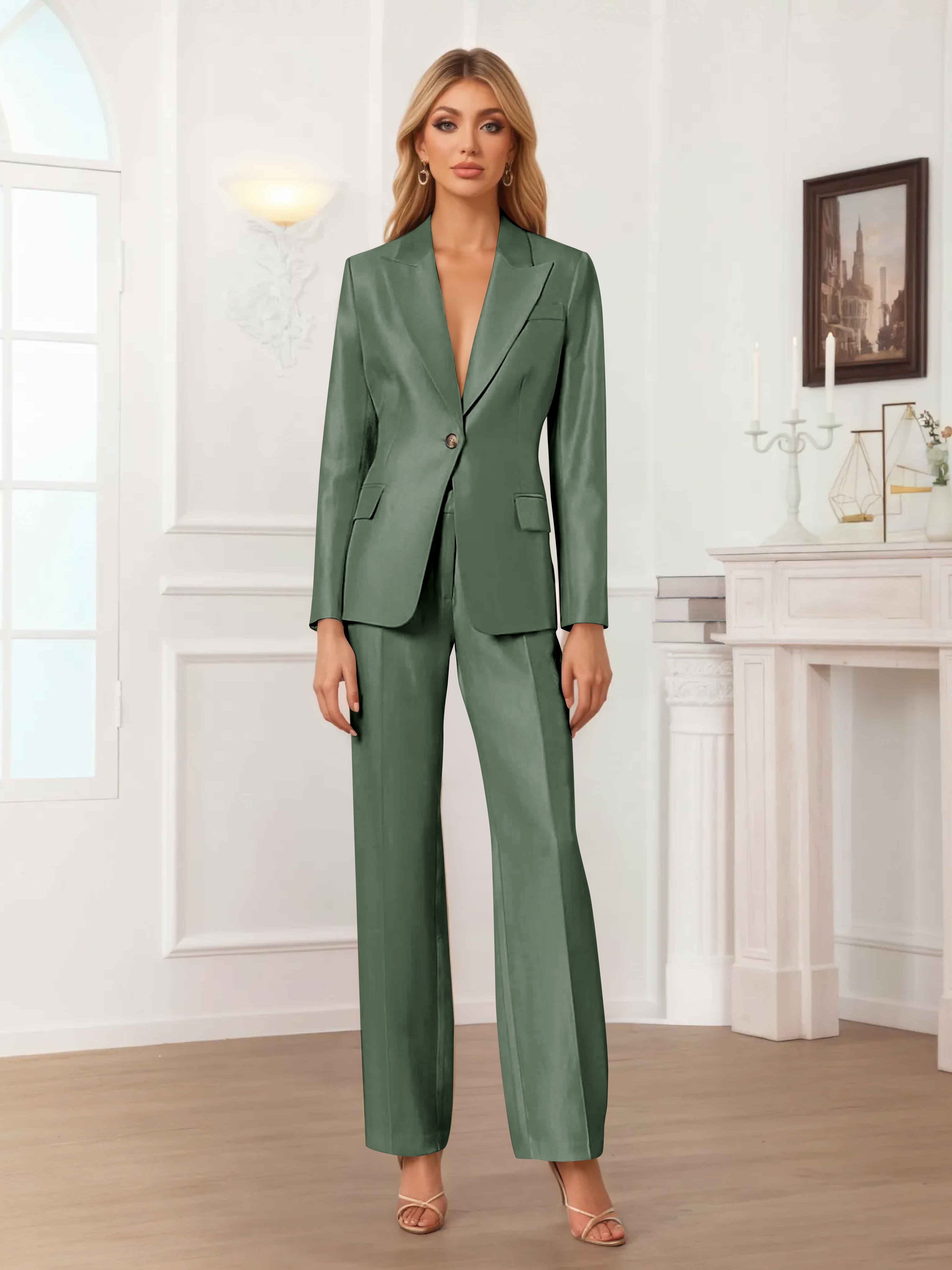 Women's 2 Pieces Peak Lapel One-Button Satin Formal Suit Set