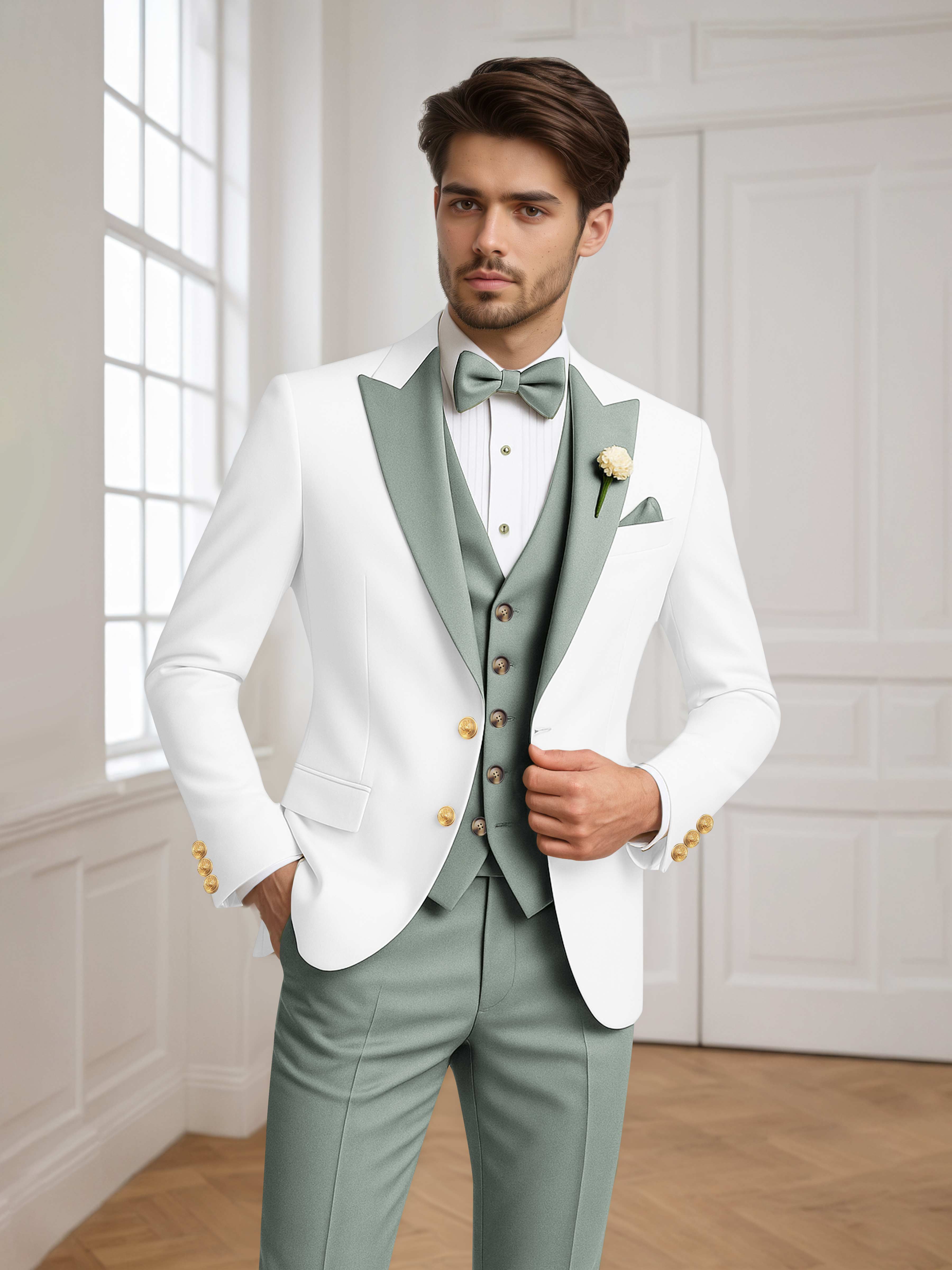 Color Block Peak Lapel Men's 3 Pieces Suit for Groom Wedding & Prom
