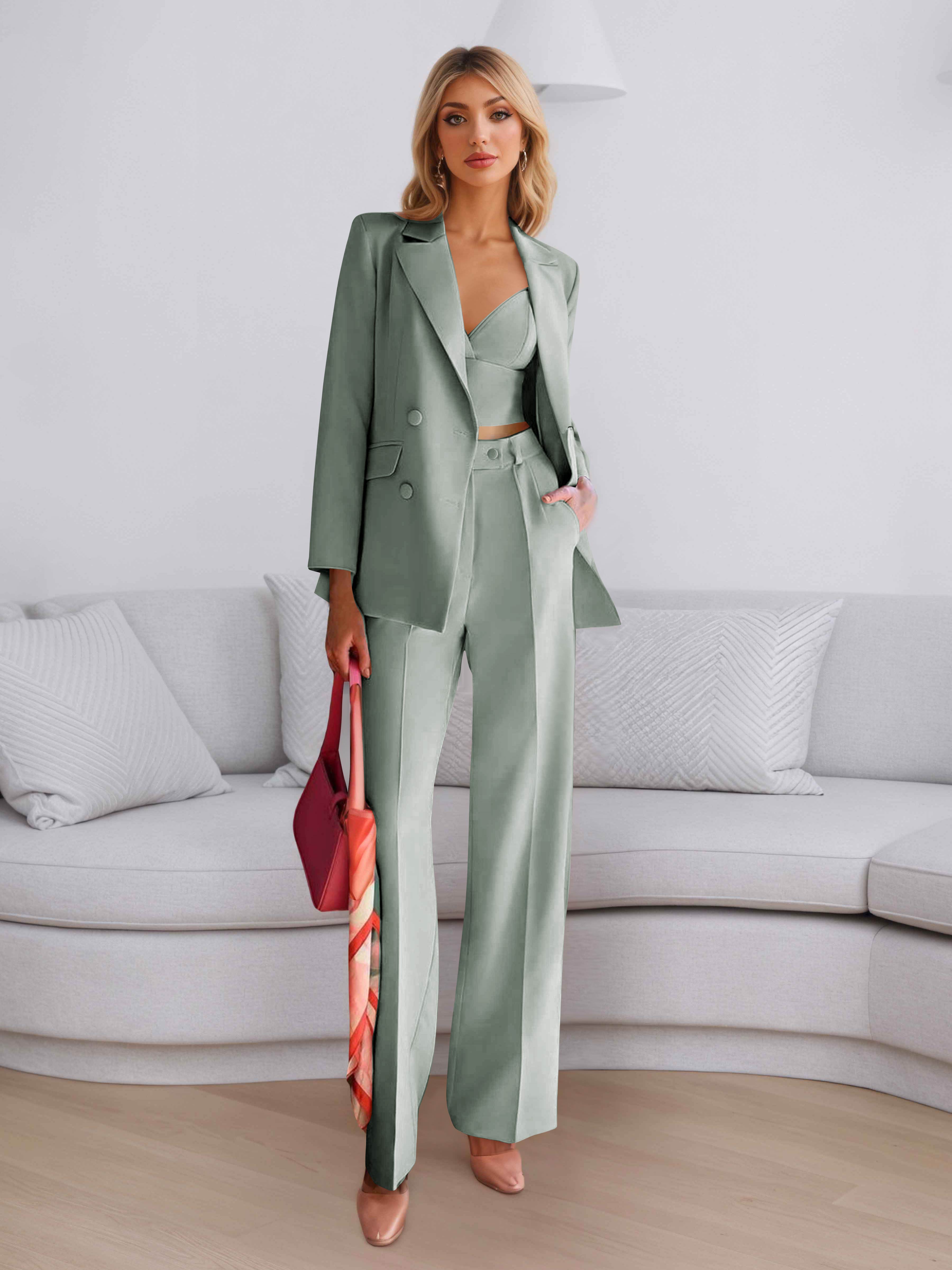 Elegant Women's 3 Pieces Solid Formal Blazer and Pants Suit Set