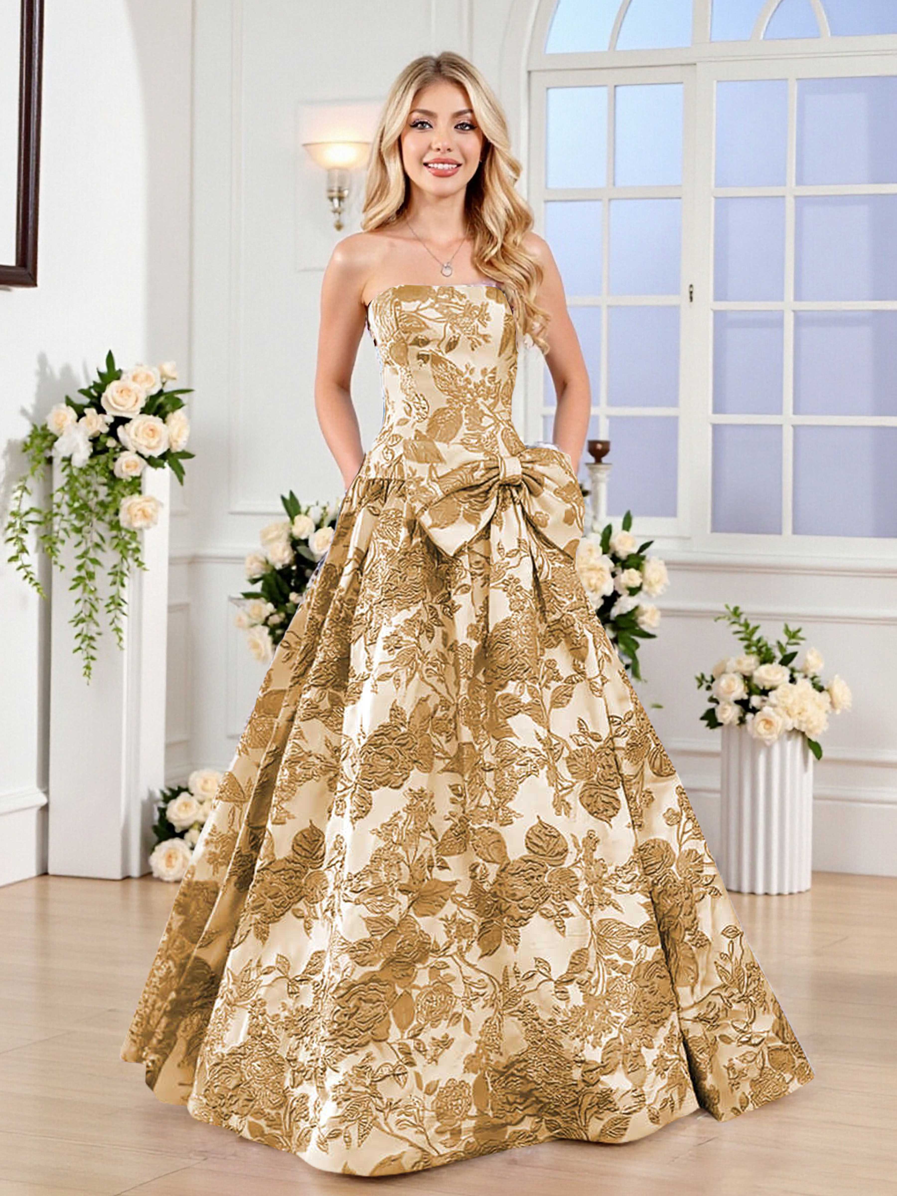 Fairytale A-Line Strapless Jacquard Satin Long Prom Dresses With Knot