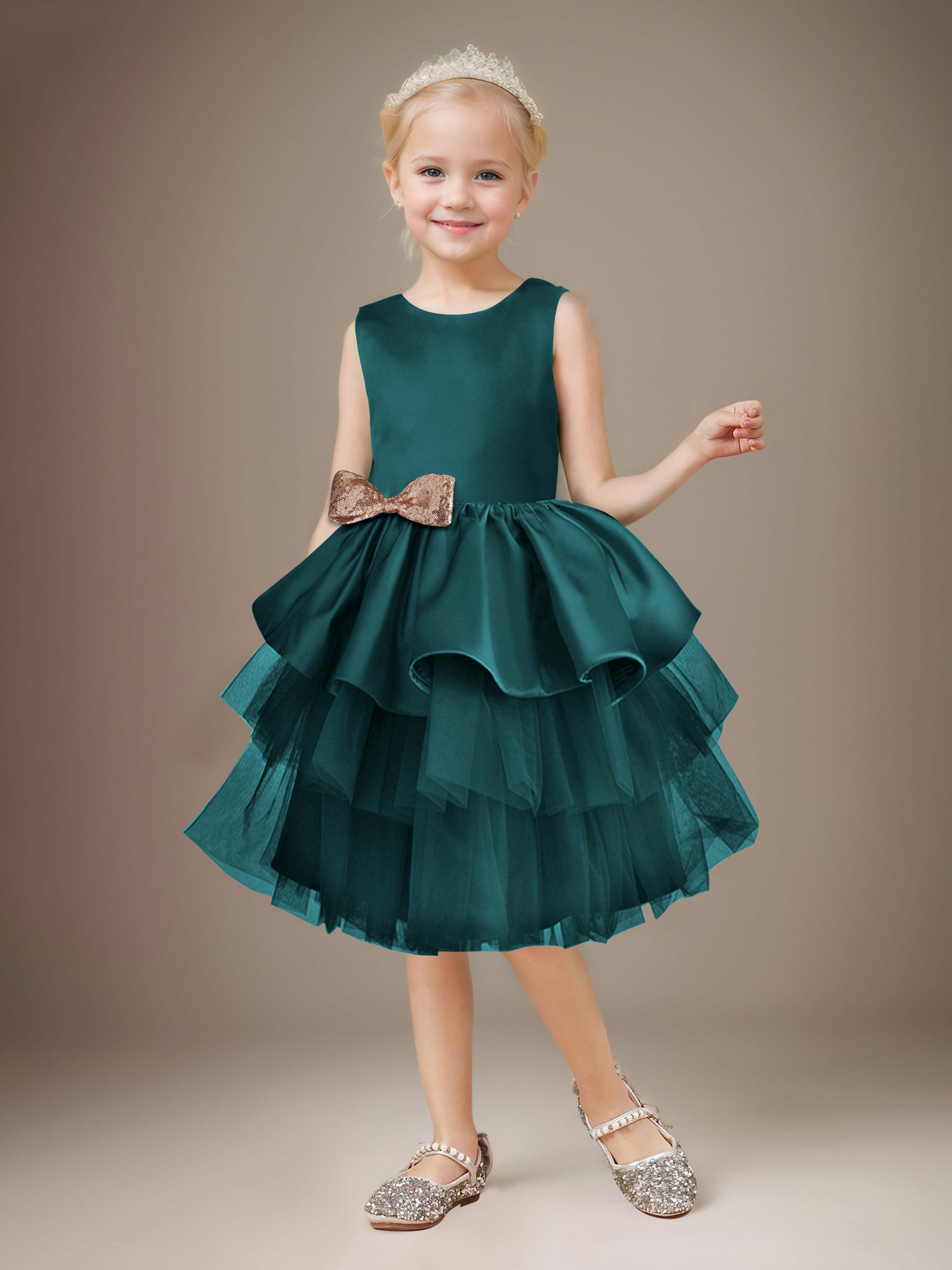 Fairytale Tiered Sequins Bow Satin Short Flower Girl Dresses Fairytale Tiered Sequins Bow Satin Short Flower Girl Dresses