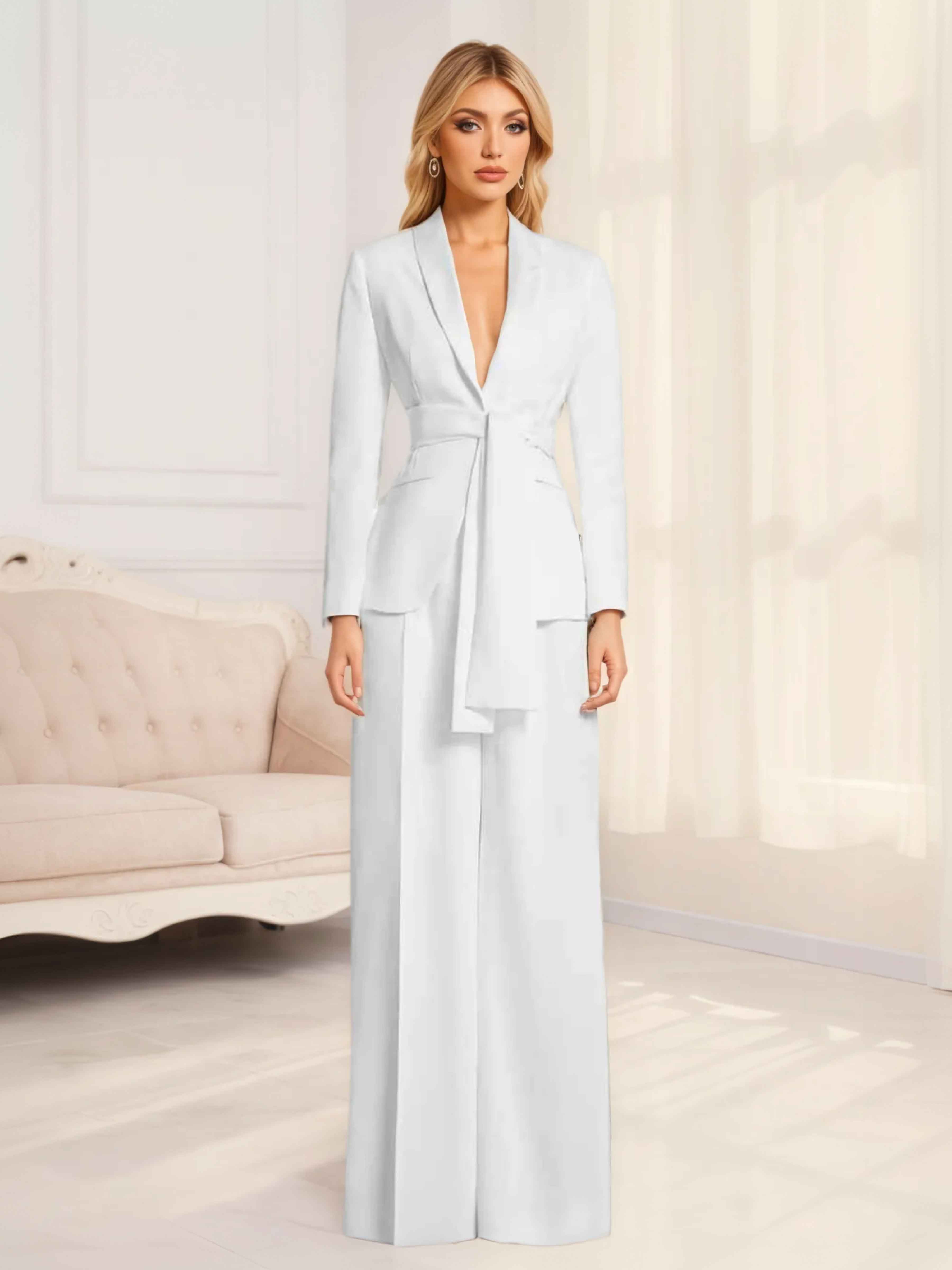 Fashion Women's 2 Pieces Shawl Lapel Suit Set with Belt