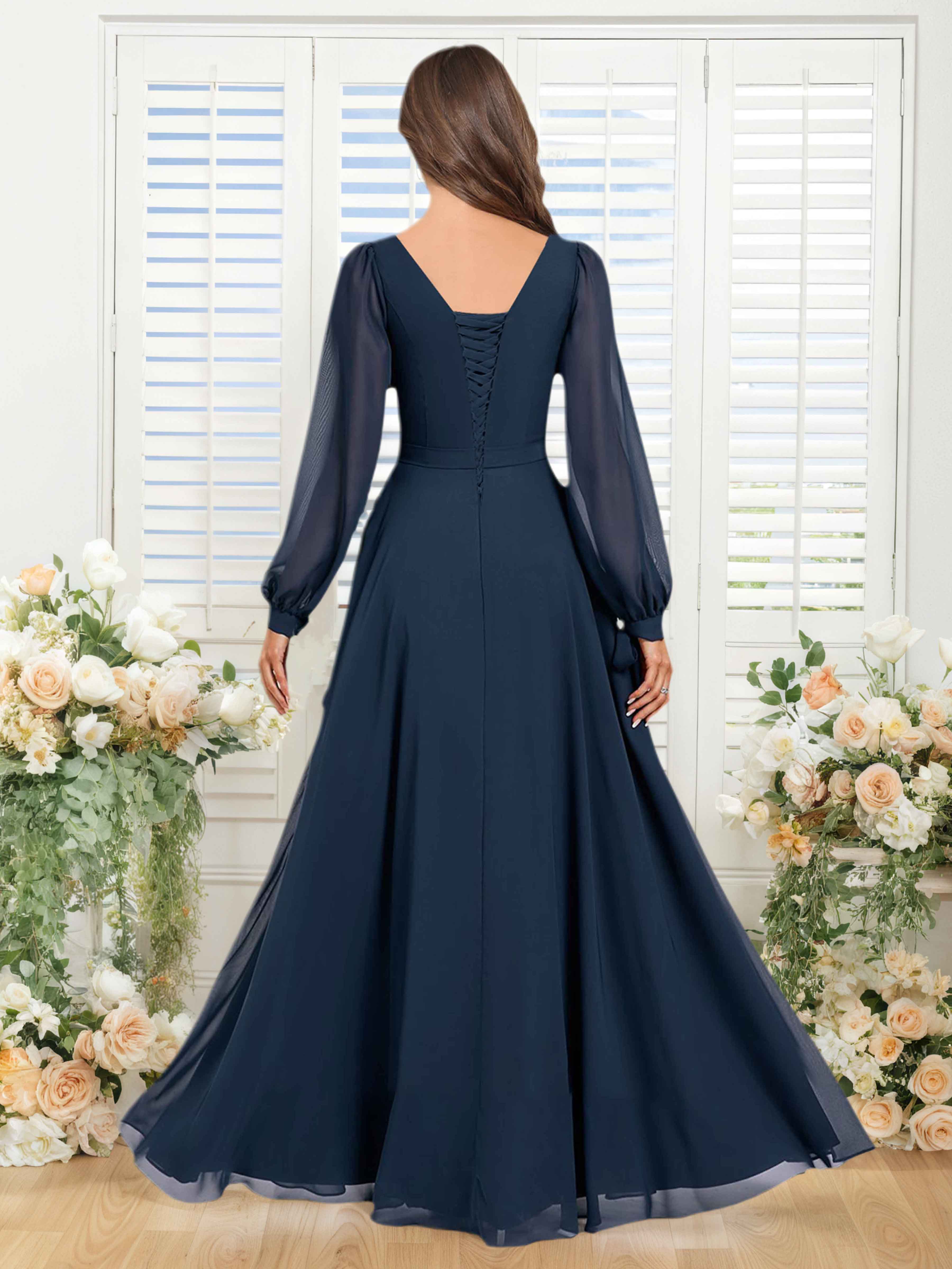 Fenella A-Line Scoop Long Sleeves Floor Length Chiffon Bridesmaid Dresses