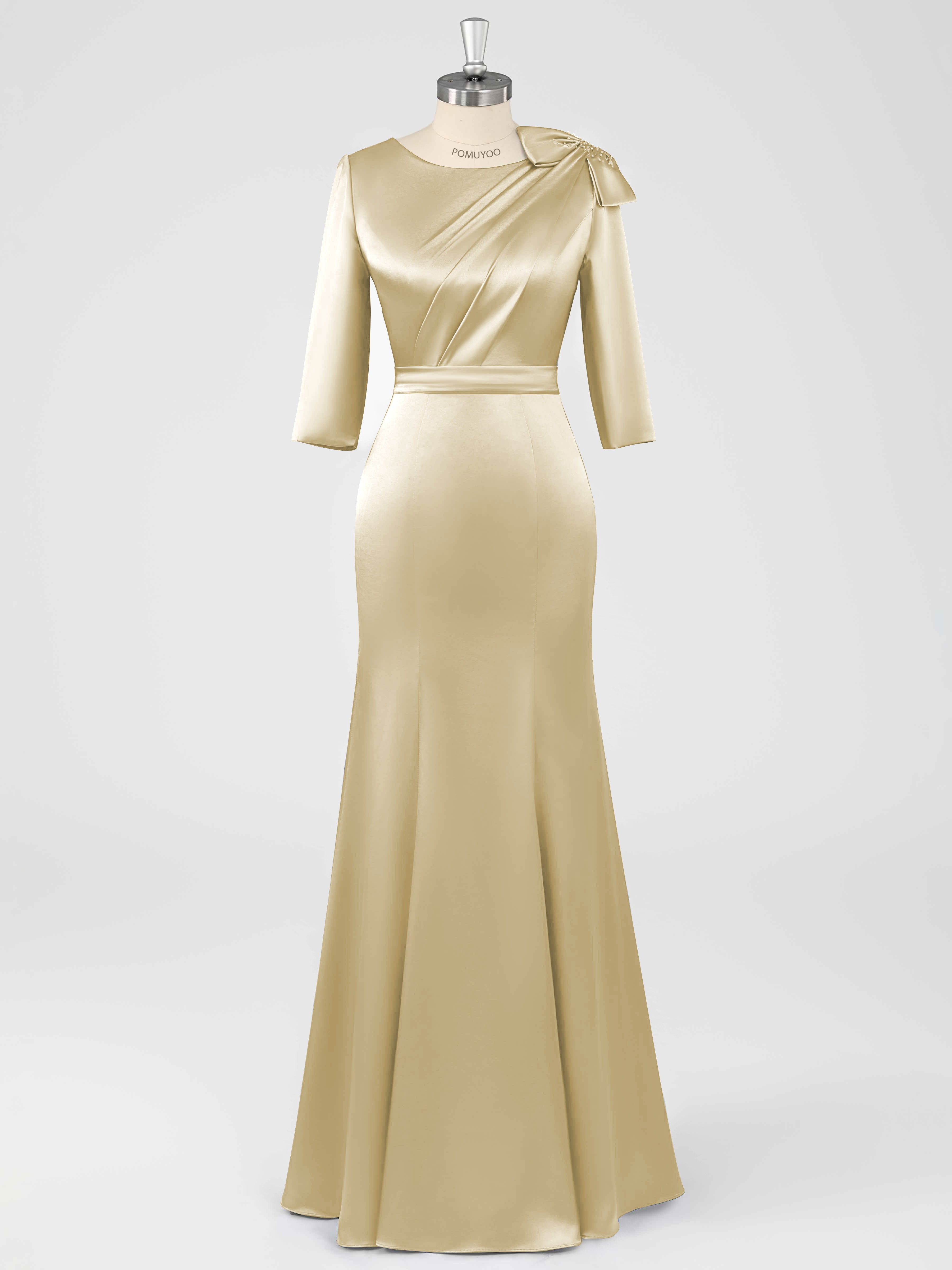 Fiammetta Modest Scoop Sheath Ruched Long Satin Mother of the Bride Dresses