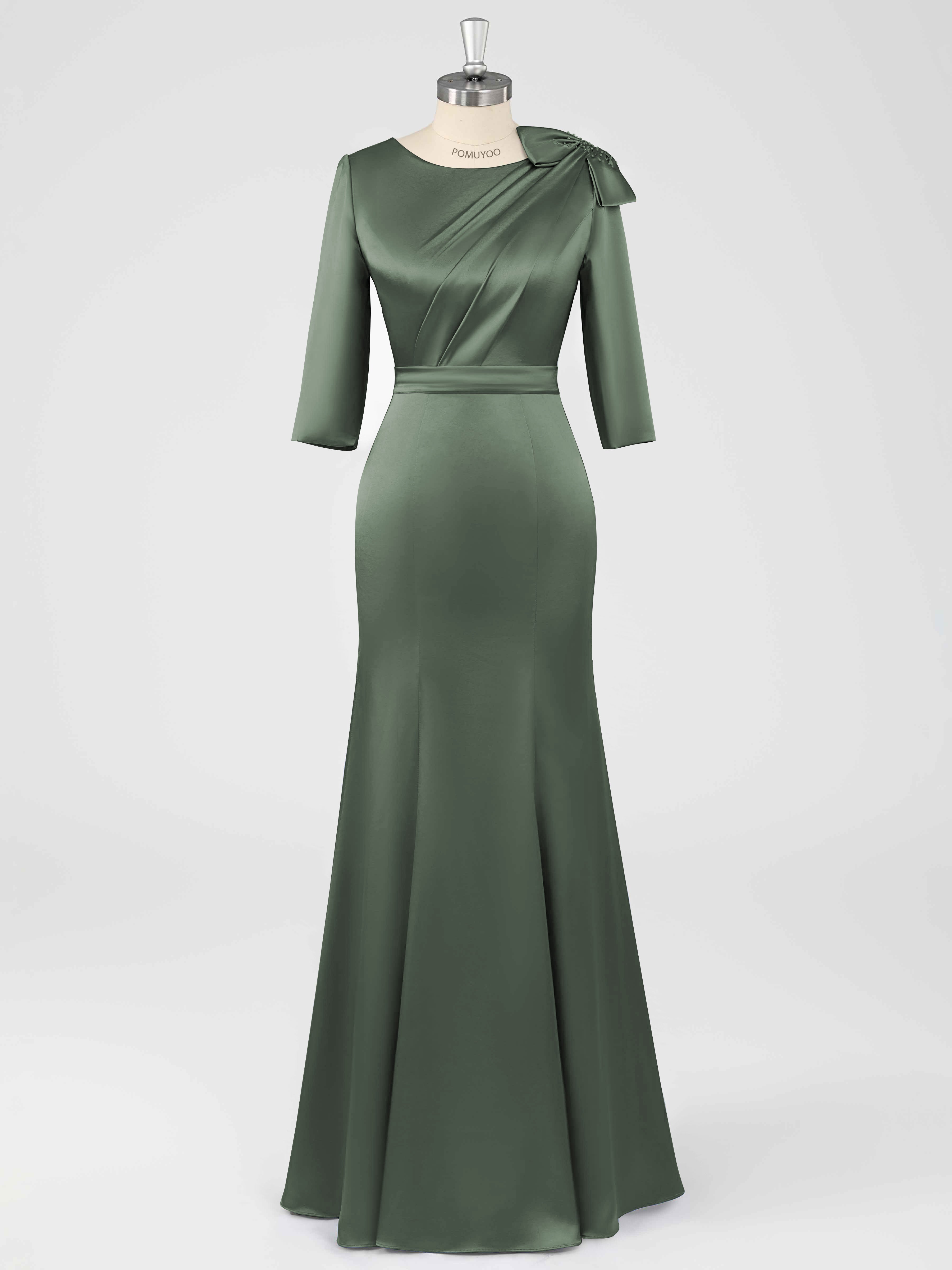 Fiammetta Modest Scoop Sheath Ruched Long Satin Mother of the Bride Dresses