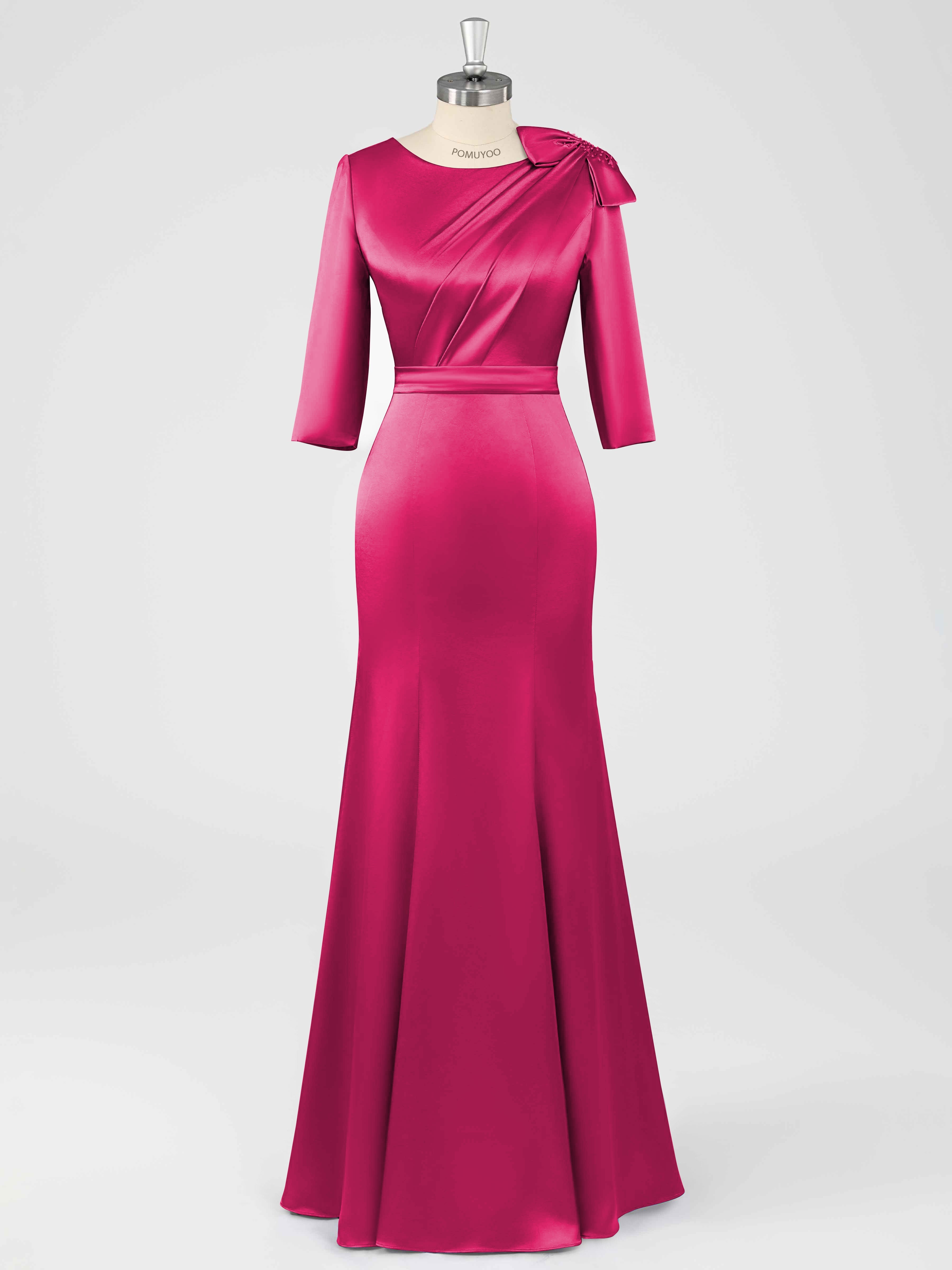 Fiammetta Modest Scoop Sheath Ruched Long Satin Mother of the Bride Dresses