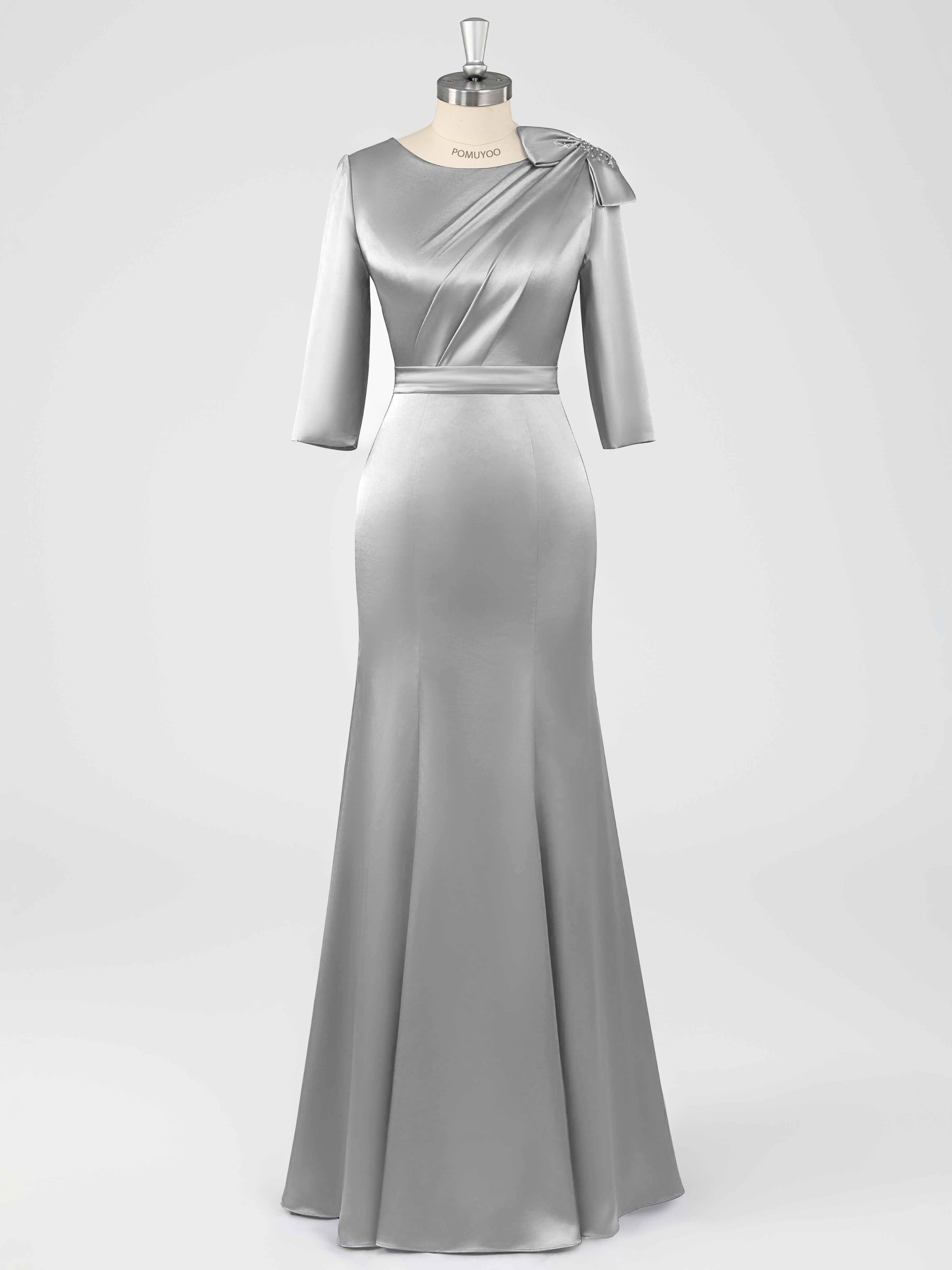 Fiammetta Modest Scoop Sheath Ruched Long Satin Mother of the Bride Dresses