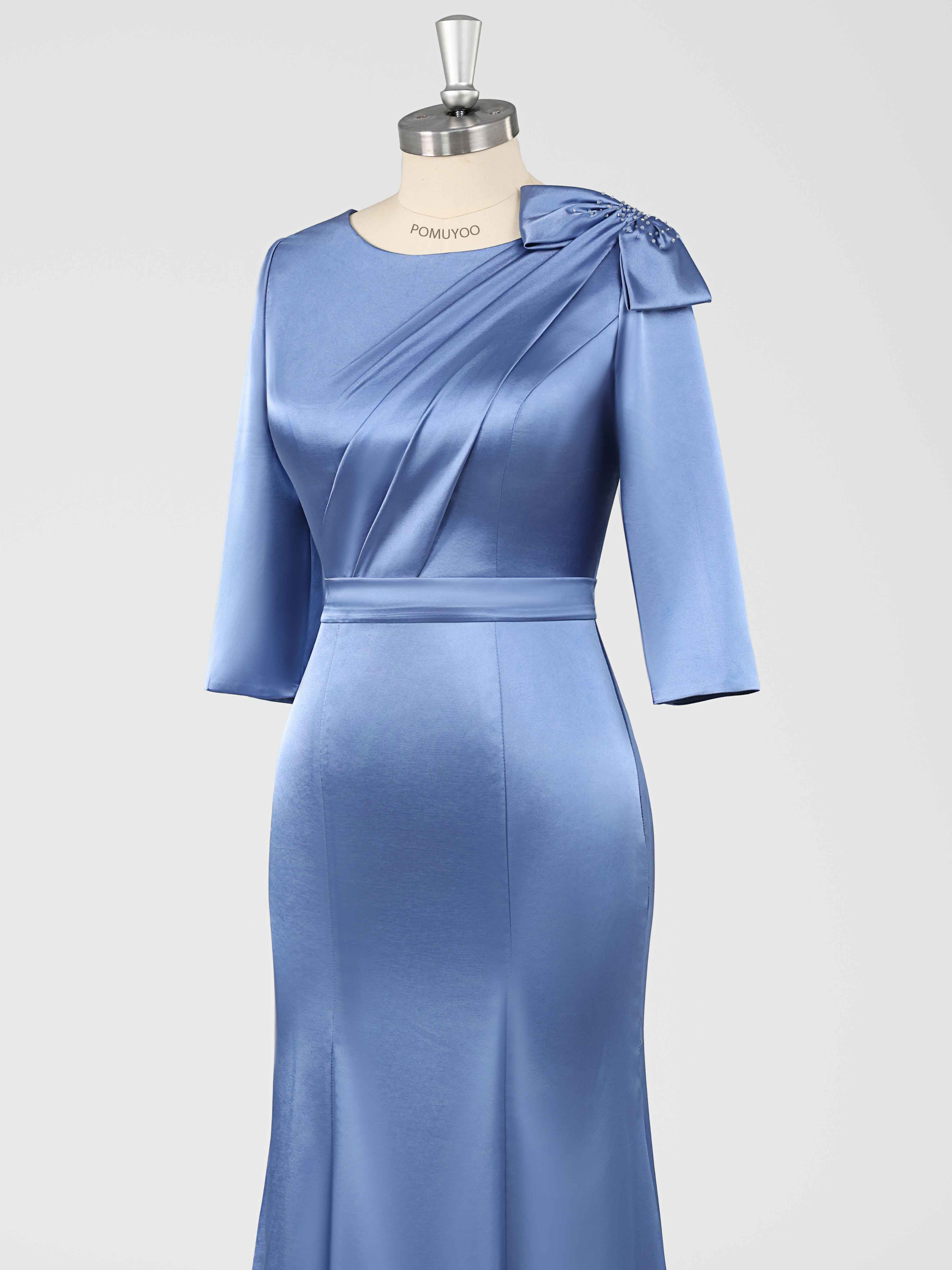 Fiammetta Modest Scoop Sheath Ruched Long Satin Mother of the Bride Dresses