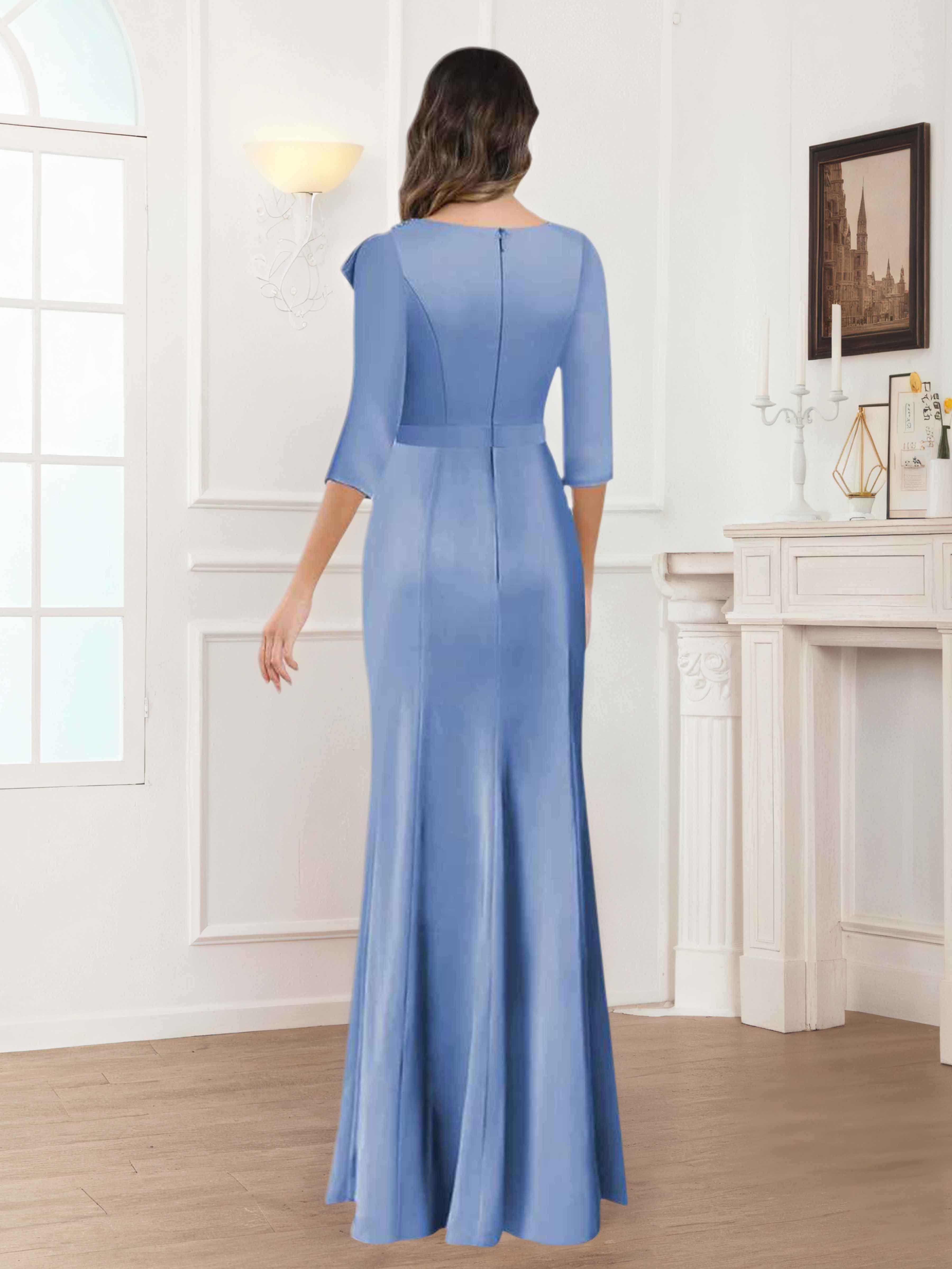 Fiammetta Modest Scoop Sheath Ruched Long Satin Mother of the Bride Dresses