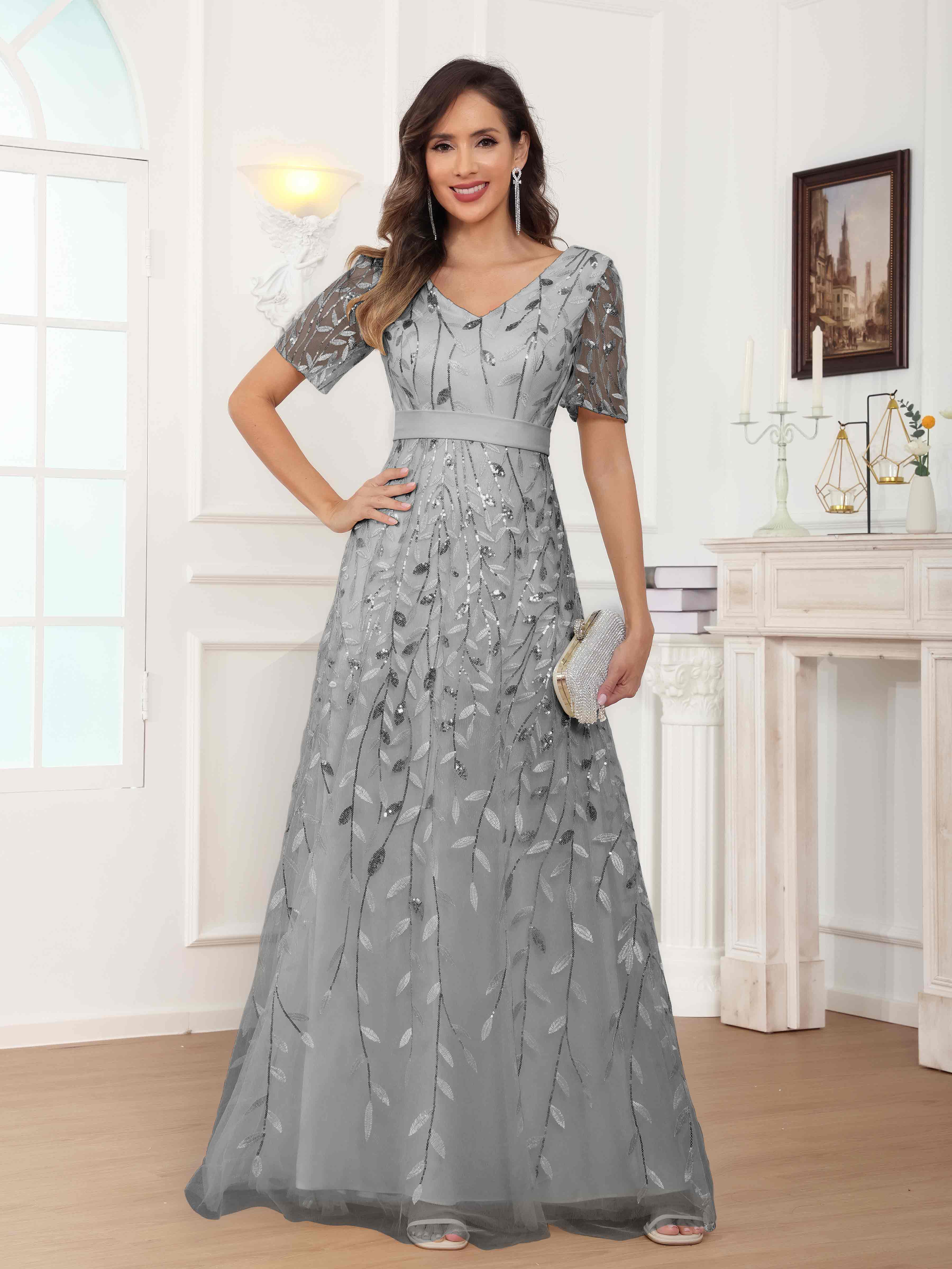 Fiora Elegant A-Line V Neck Leaf Sequin Long Mother Of The Bride Dresses, Silver Fiora Elegant A-Line V Neck Leaf Sequin Long Mother Of The Bride Dresses, Silver