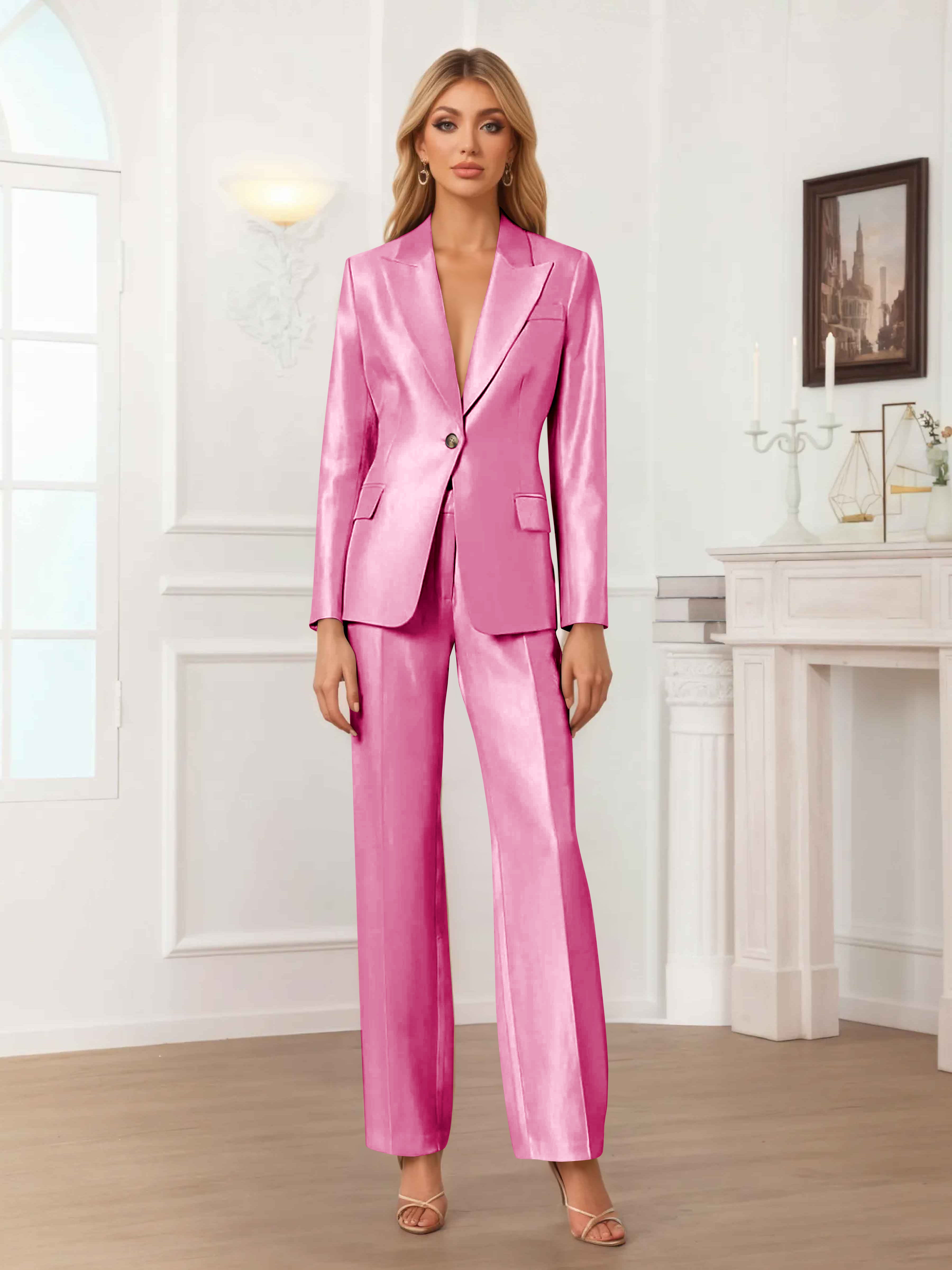 Women's 2 Pieces Peak Lapel One-Button Satin Formal Suit Set