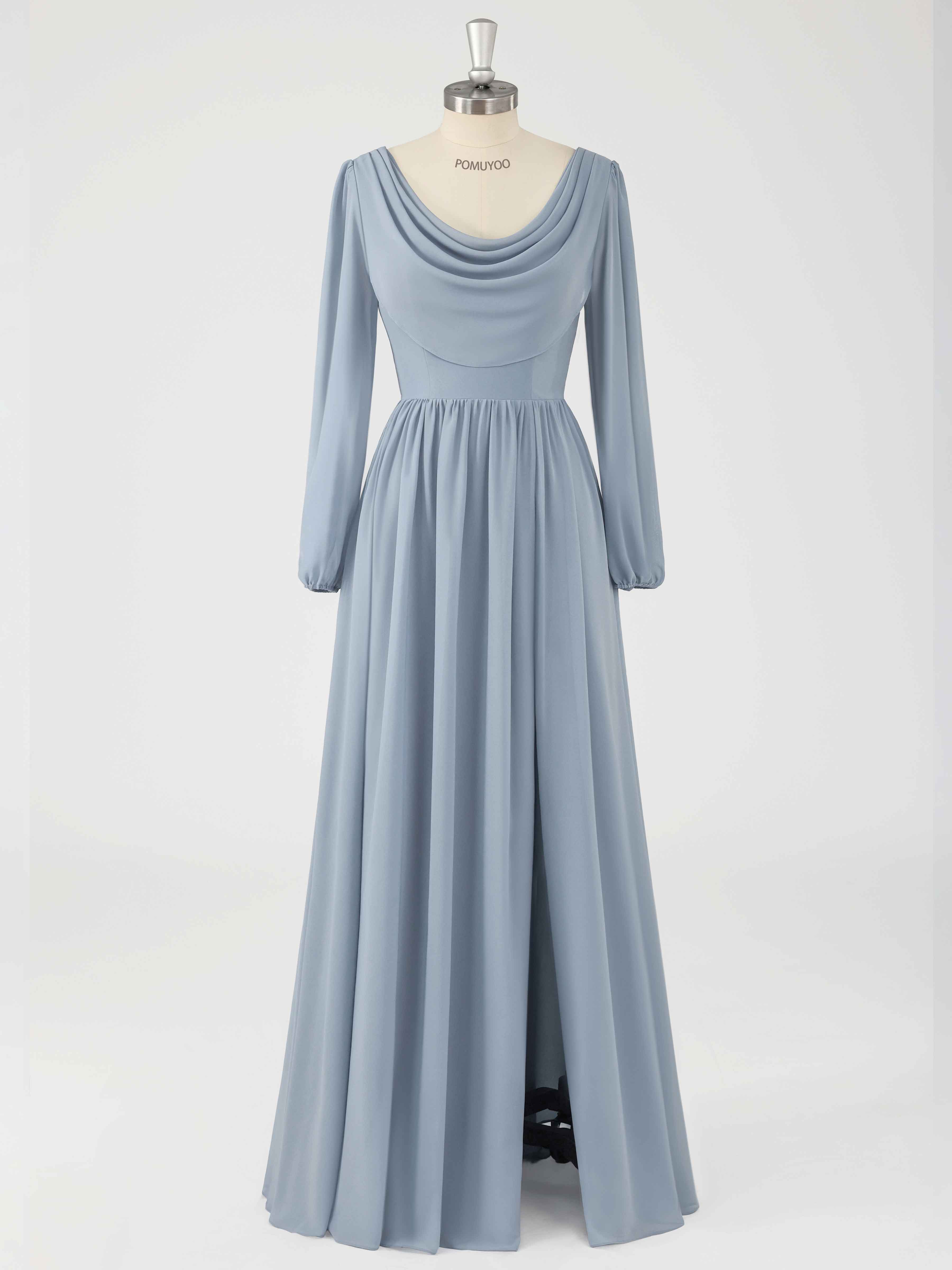 Flattering A-Line Cowl Slit Floor Length Chiffon Bridesmaid Dresses, Black