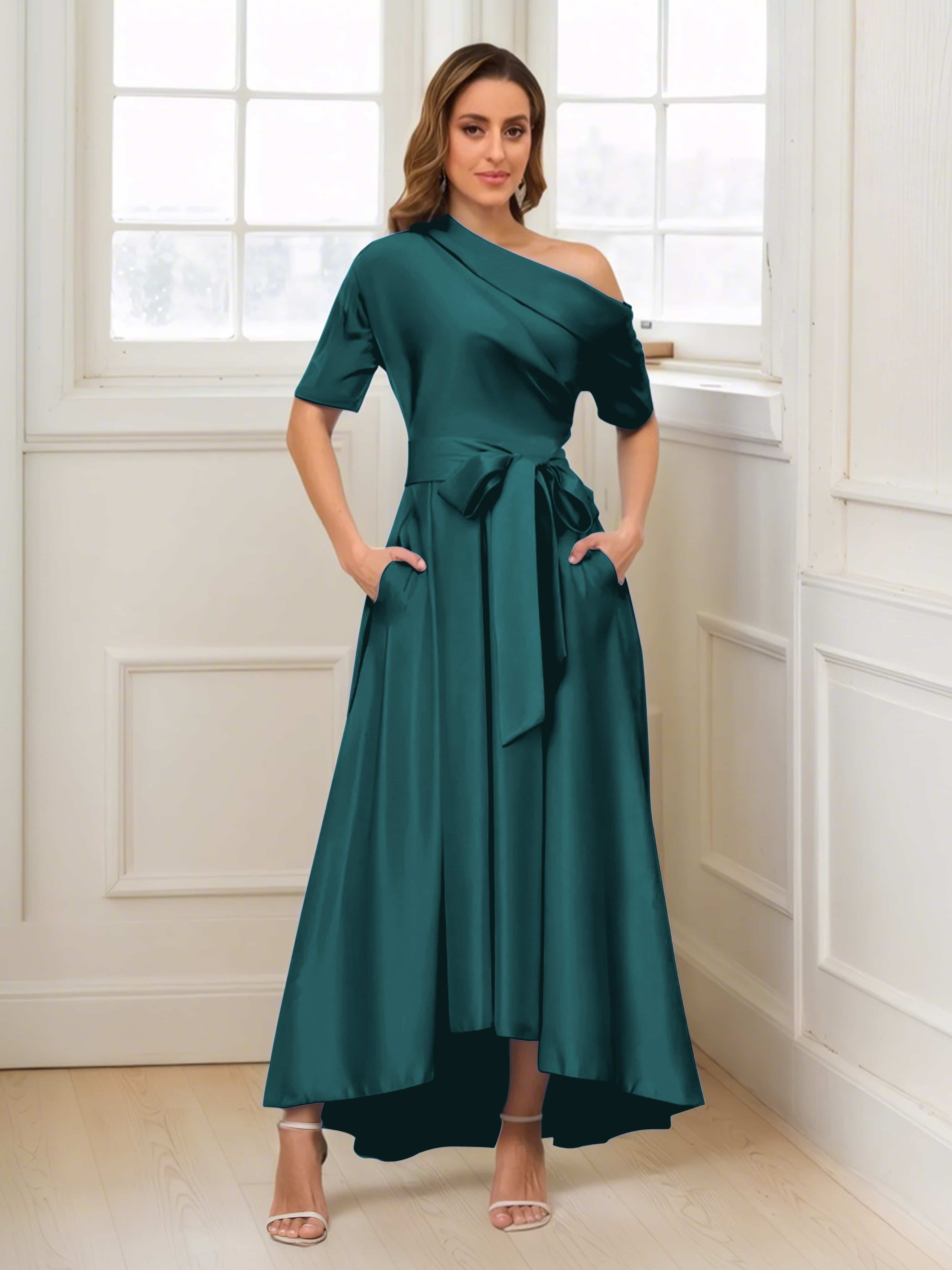Florence A-Line One Shoulder Satin Mother of the Bride Dresses With Pockets, Teal Florence A-Line One Shoulder Satin Mother of the Bride Dresses With Pockets, Teal
