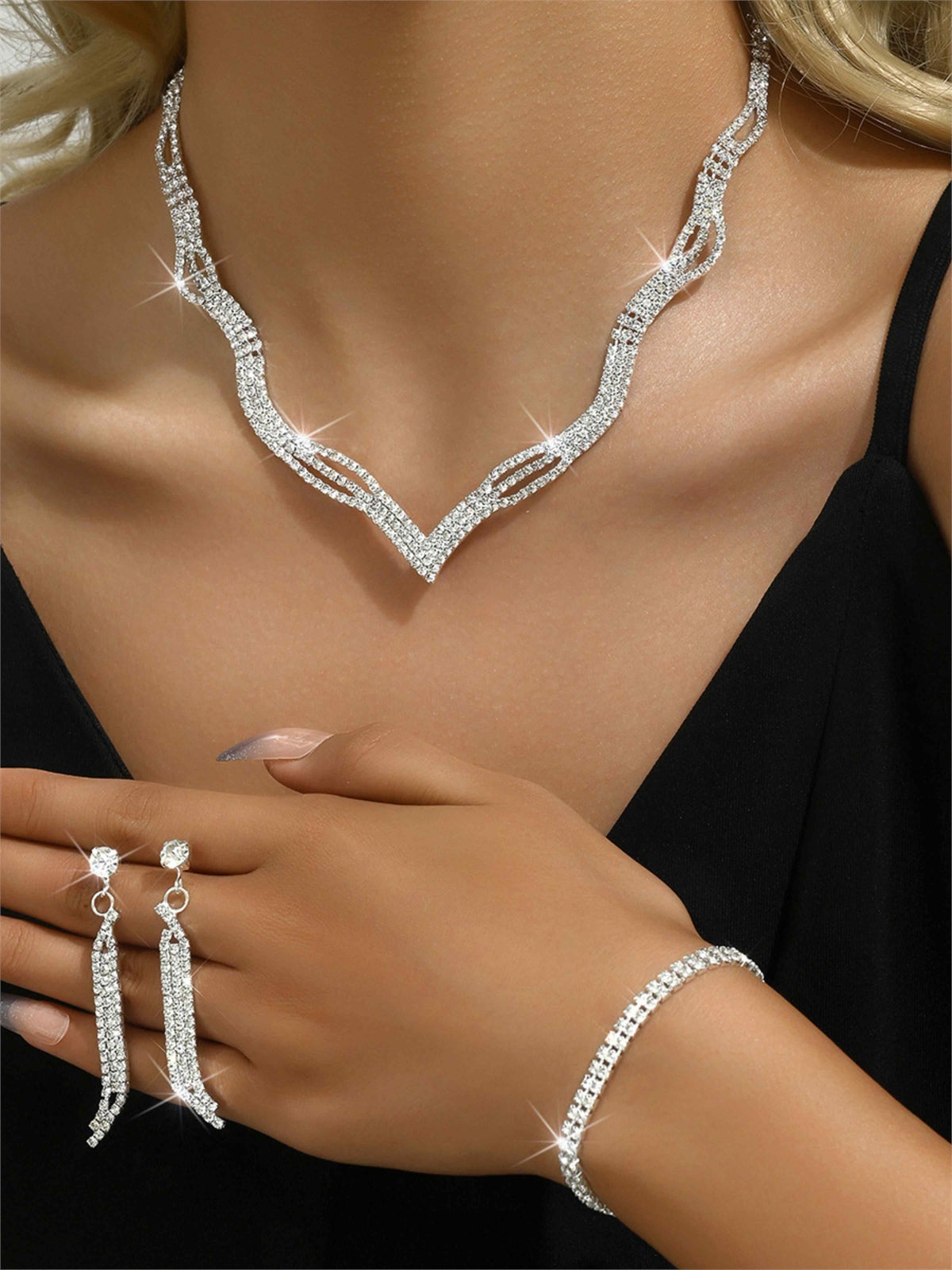 Four Piece Silver Crystal Bridal Set