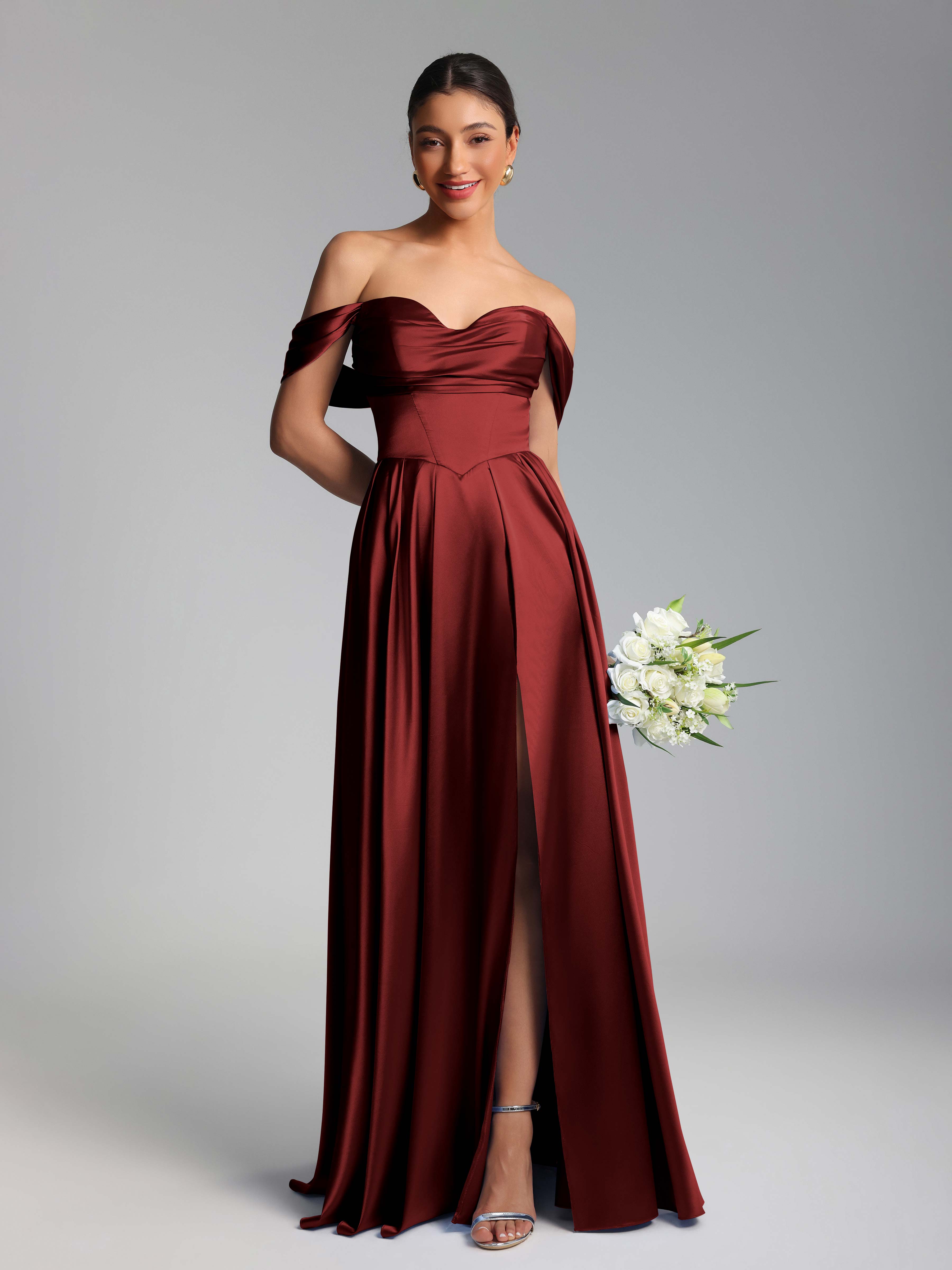 Fraelith Elegant Off the Shoulder Ruched Slit Floor Length Formal Dres