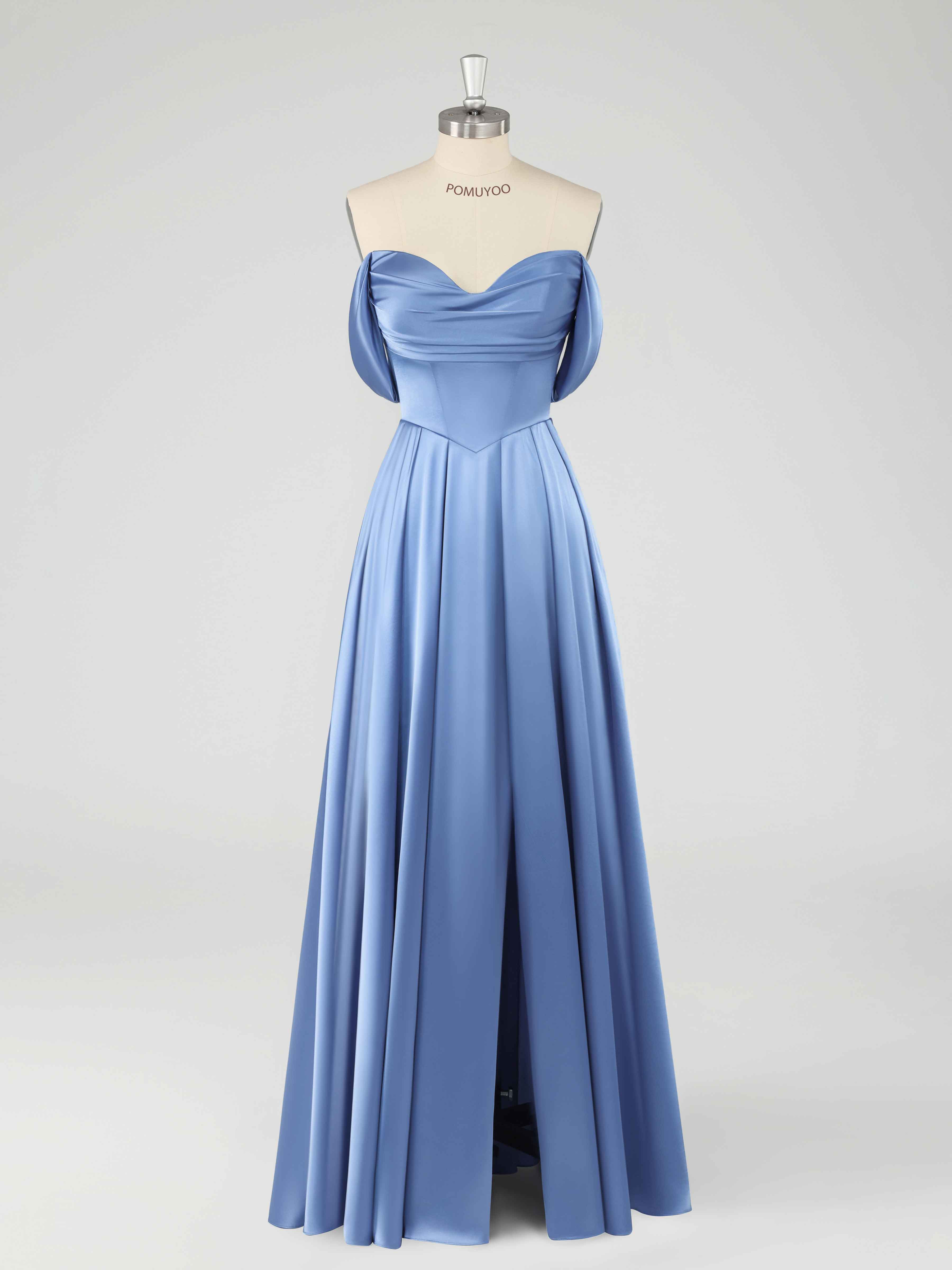 Fraelith Elegant Off the Shoulder Ruched Slit Floor Length Formal Dresses