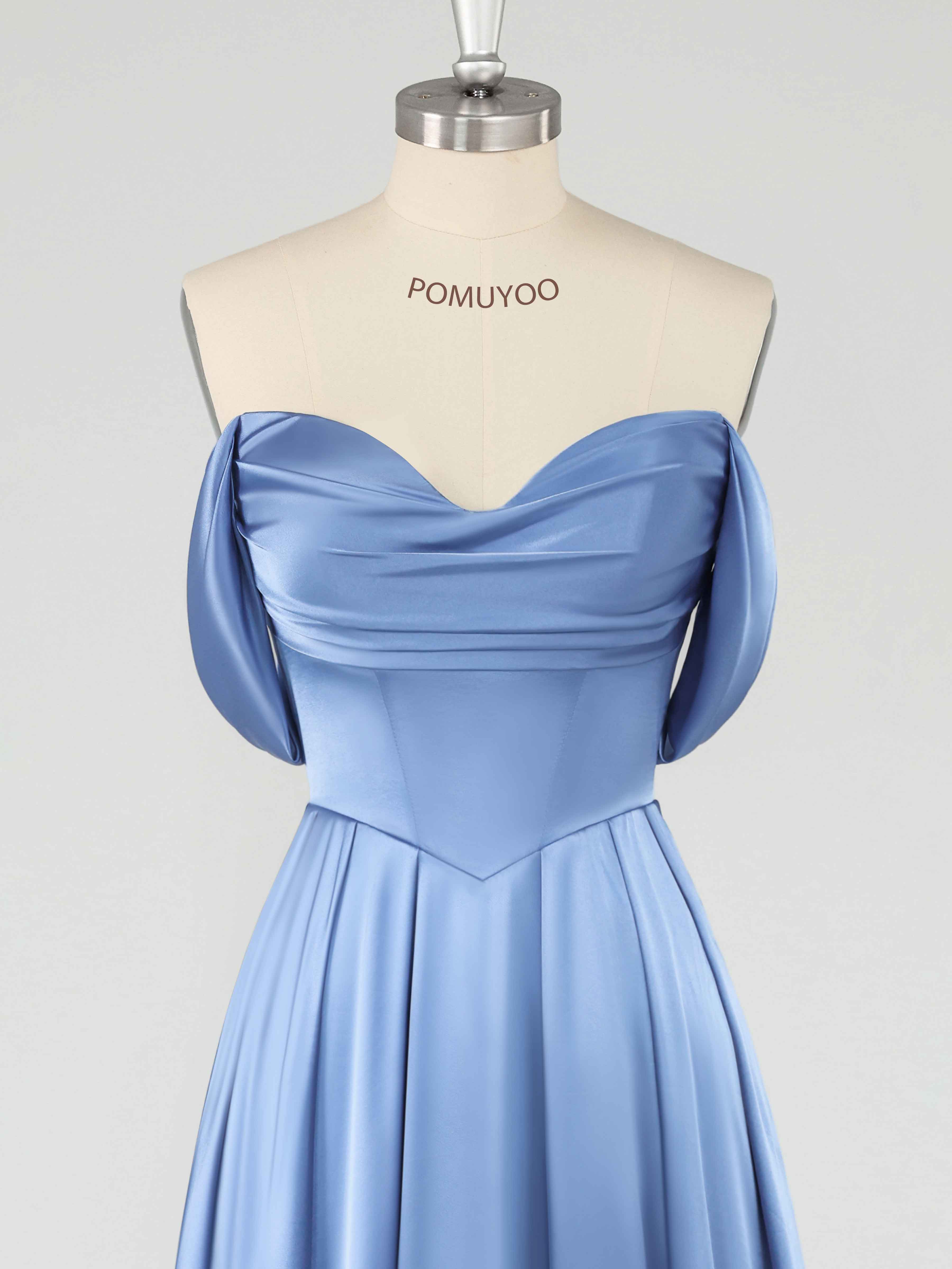 Fraelith Elegant Off the Shoulder Ruched Slit Floor Length Formal Dresses