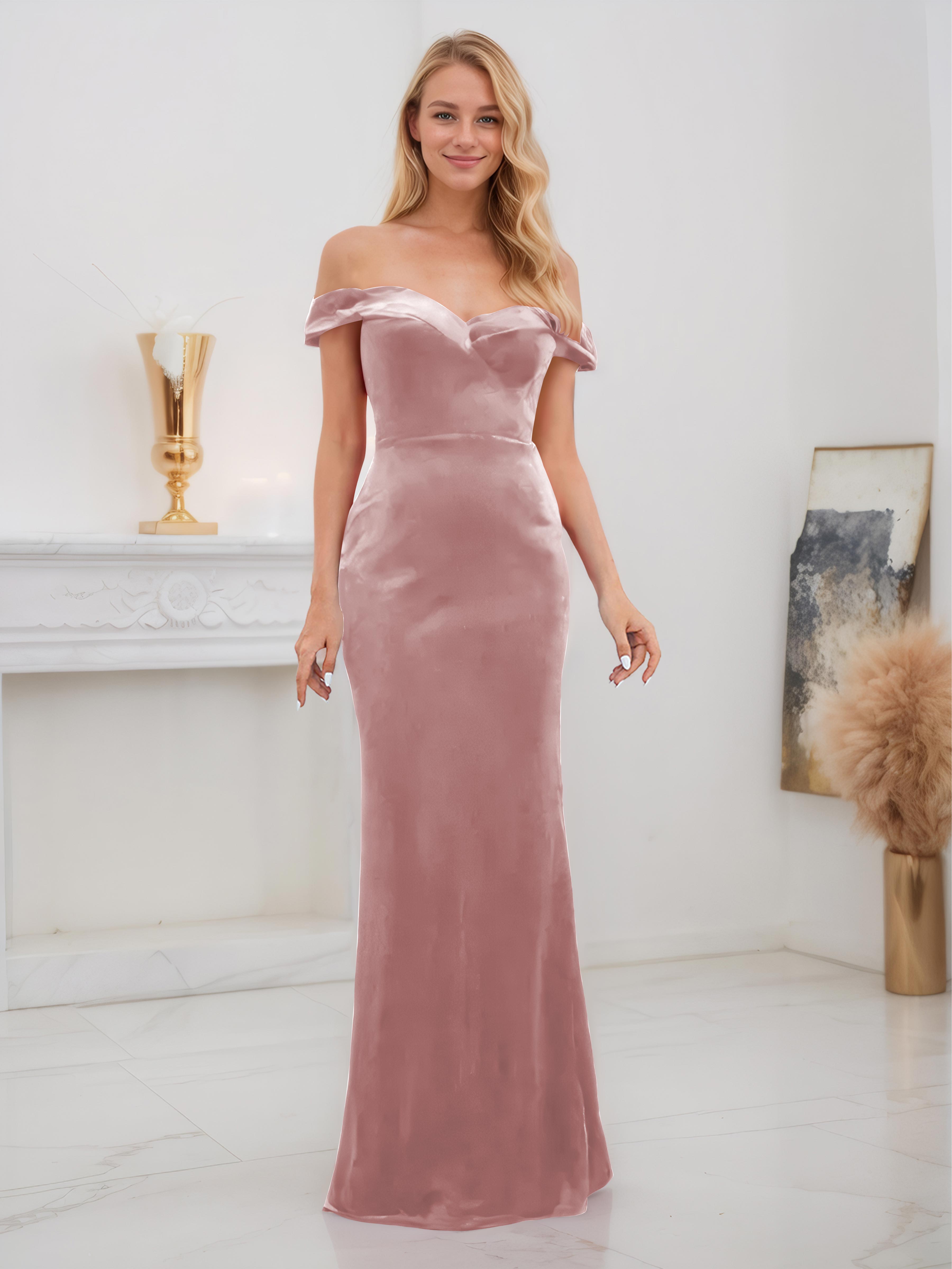 Frankie Gorgeous Off The Shoulder Floor Length Velvet Bridesmaid Dresses, Dusty Rose Frankie Gorgeous Off The Shoulder Floor Length Velvet Bridesmaid Dresses, Dusty Rose