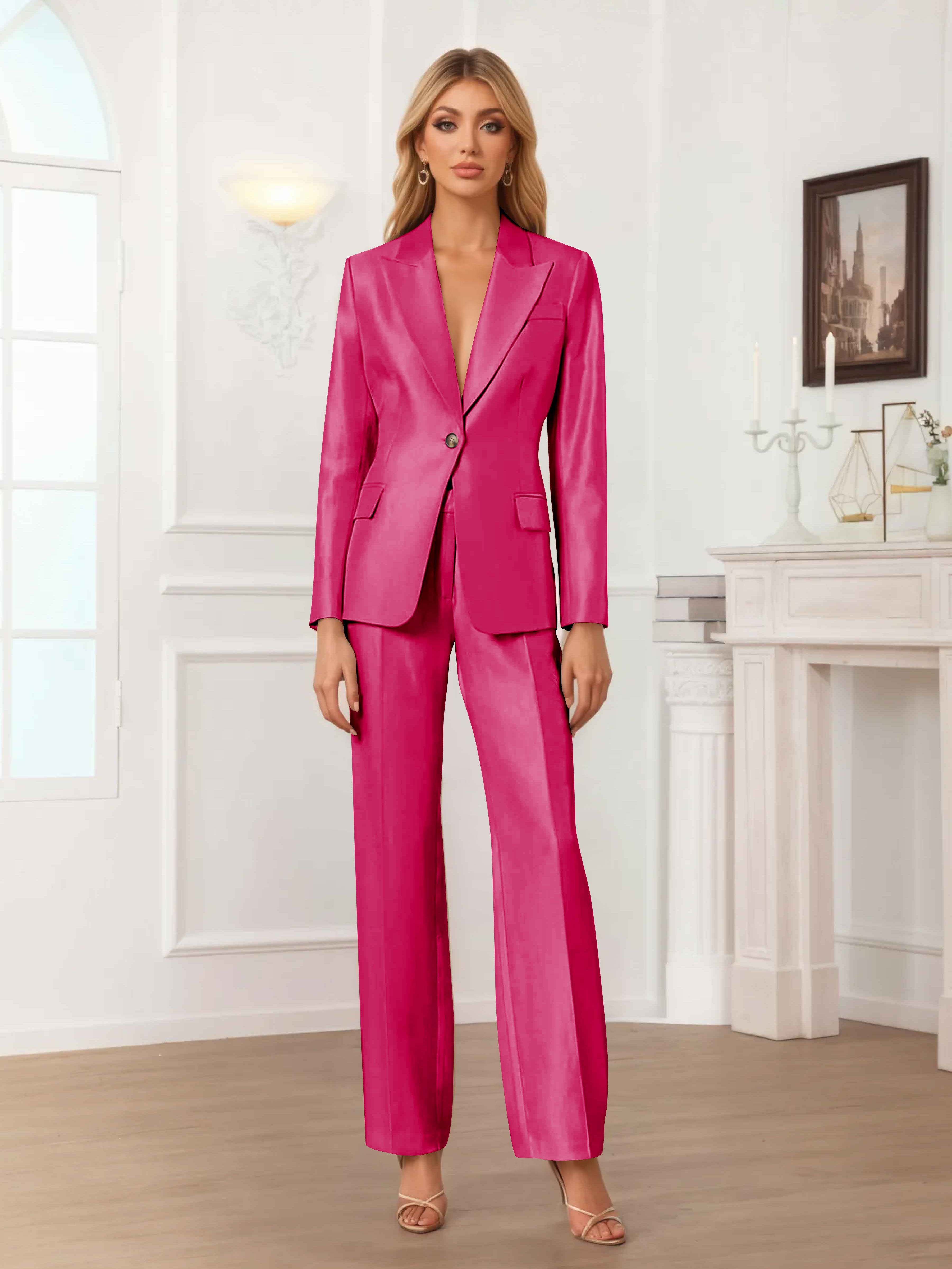 Women's 2 Pieces Peak Lapel One-Button Satin Formal Suit Set