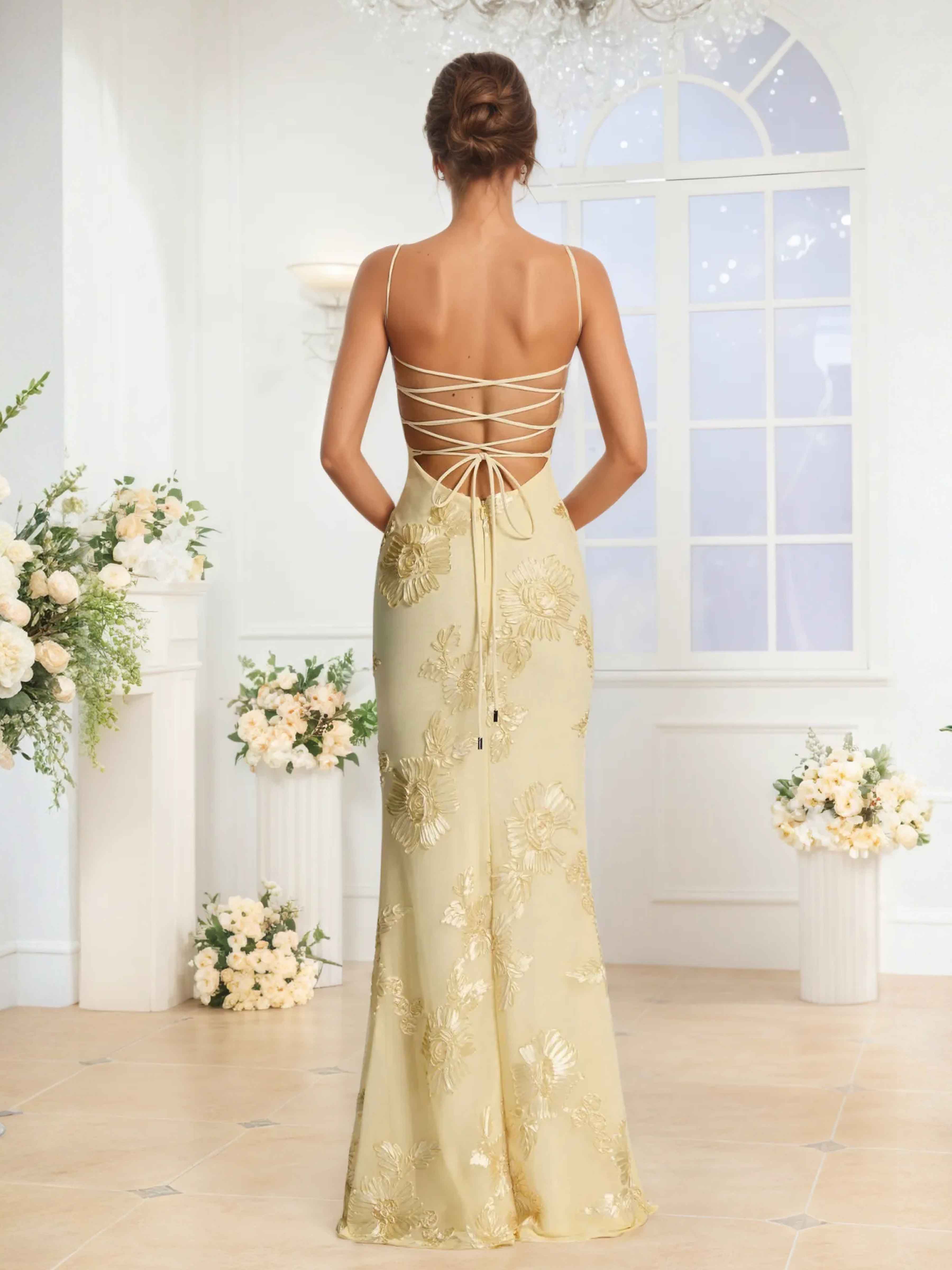 Galatea Delicate Spaghetti Straps Floral Ribbon Appliques Occasion Dresses