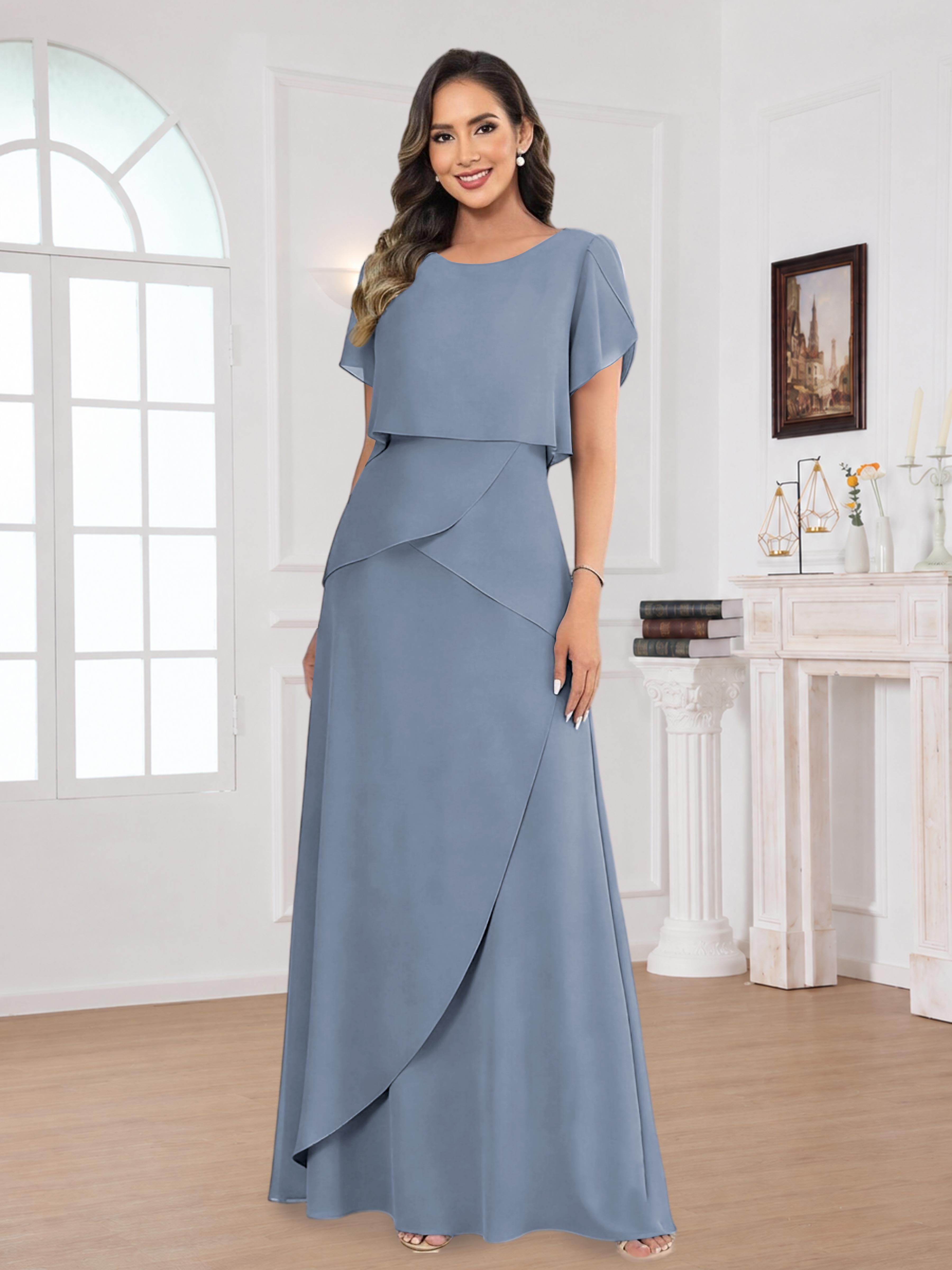 dusty blue mother of the bride dress plus size Giuliana Modest A-Line Plus Size Chiffon Mother of the Bride Dresses with Cape Sleeves, Dusty Blue
