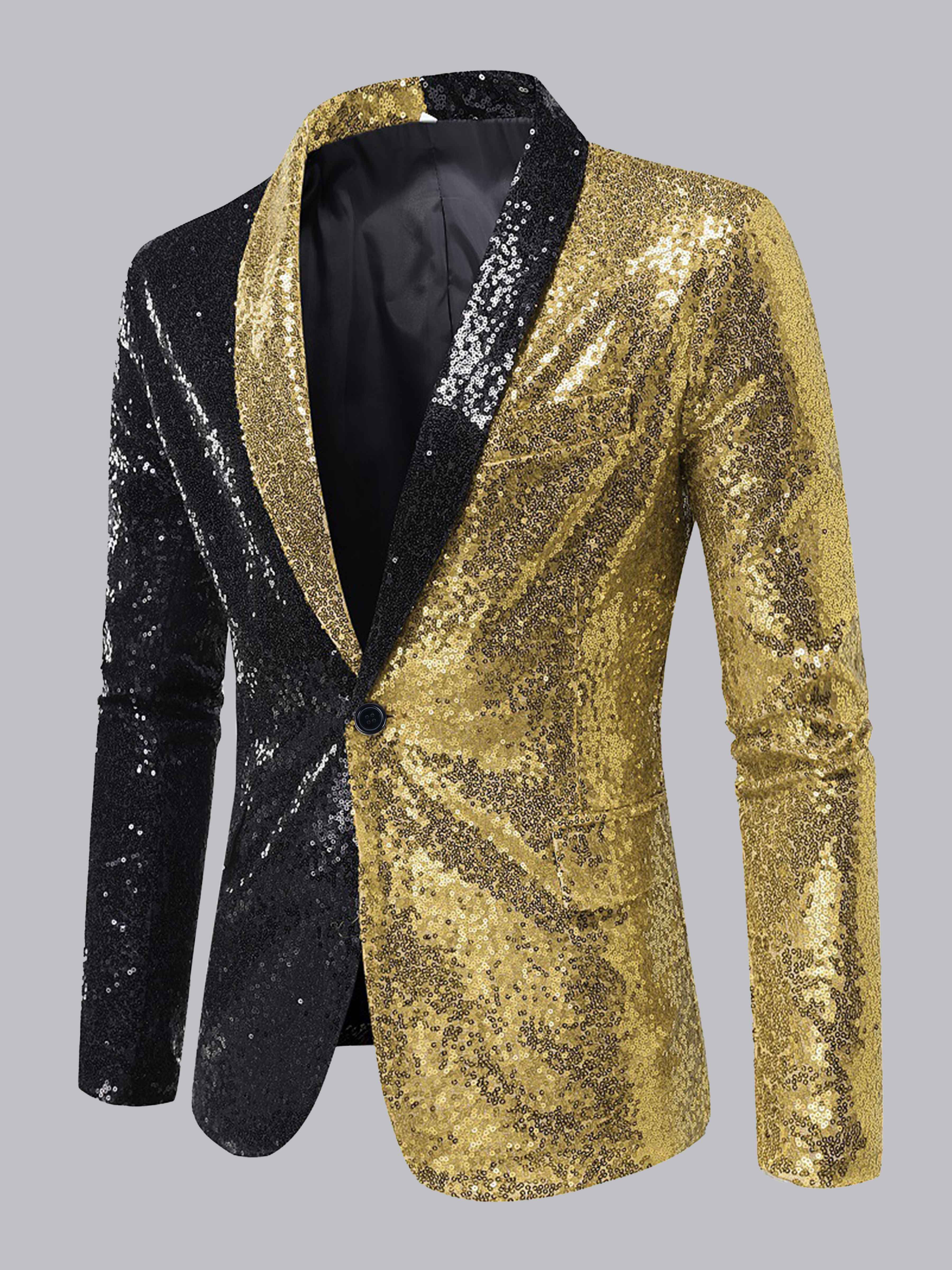 Glamorous Men's Sequin Contrast Trim Shawl Lapel One Button Suit Jacket