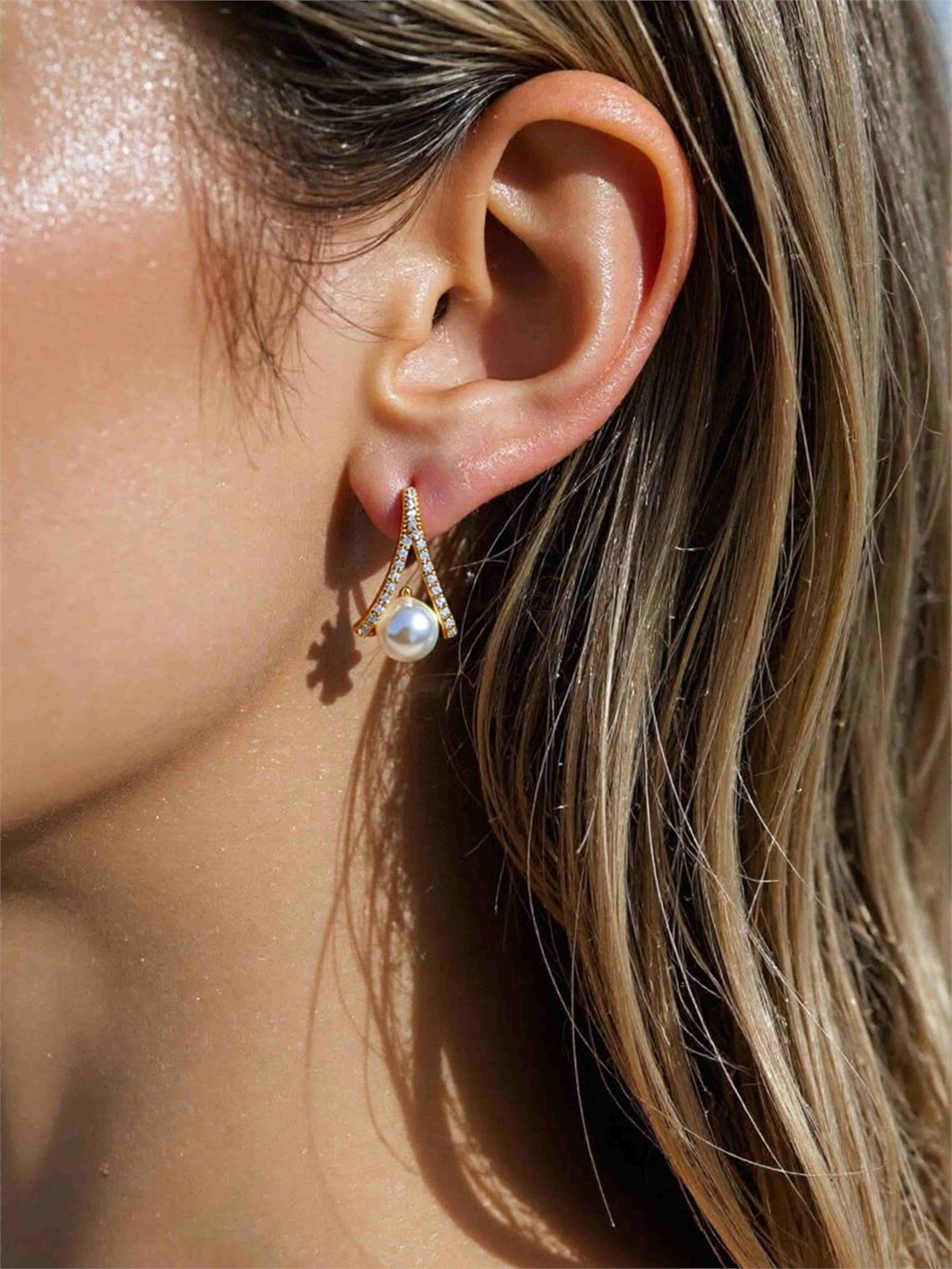 Gold Pearl Crystal Bridal Stud Earrings
