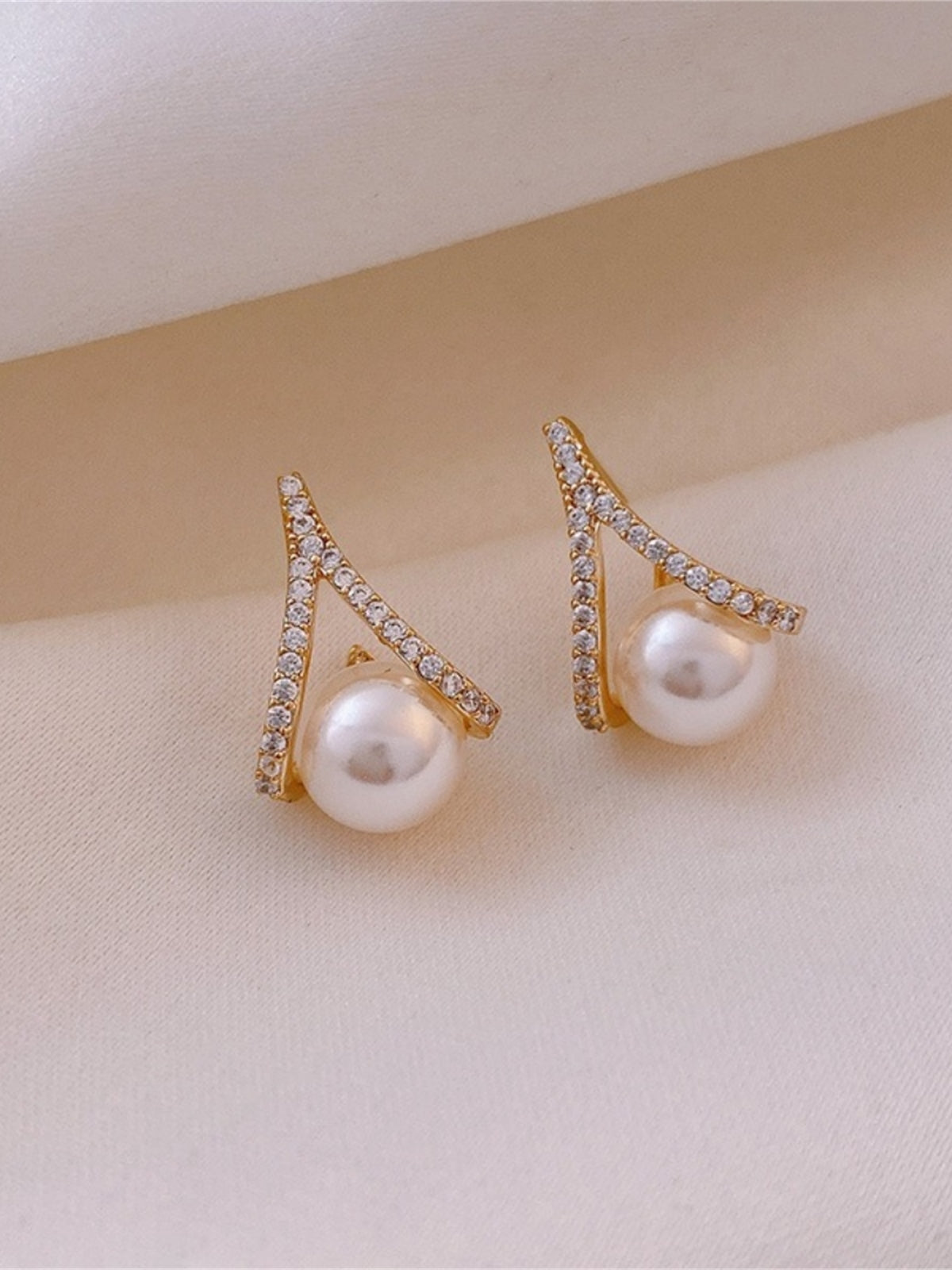 Gold Pearl Crystal Bridal Stud Earrings