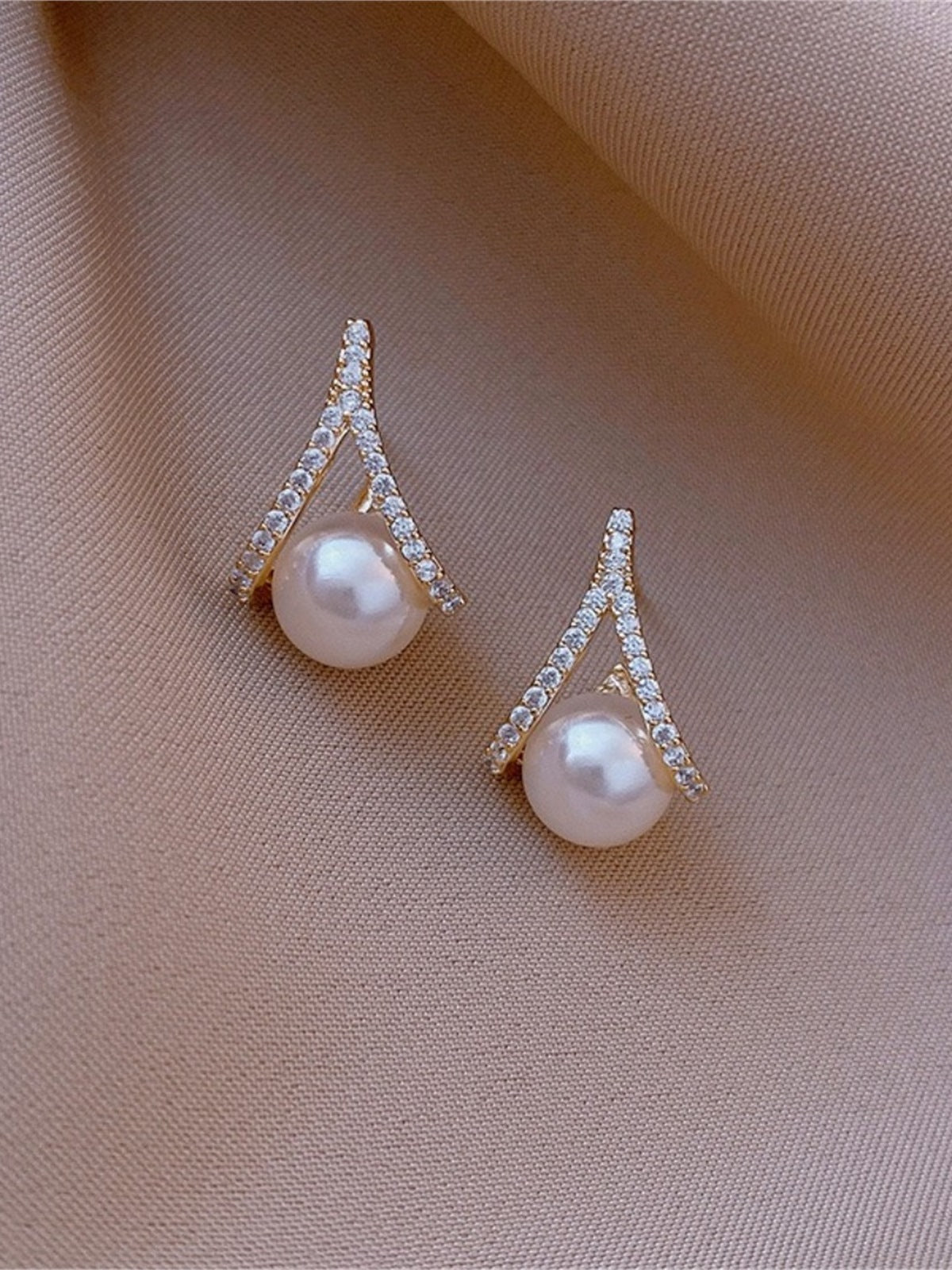 Gold Pearl Crystal Bridal Stud Earrings
