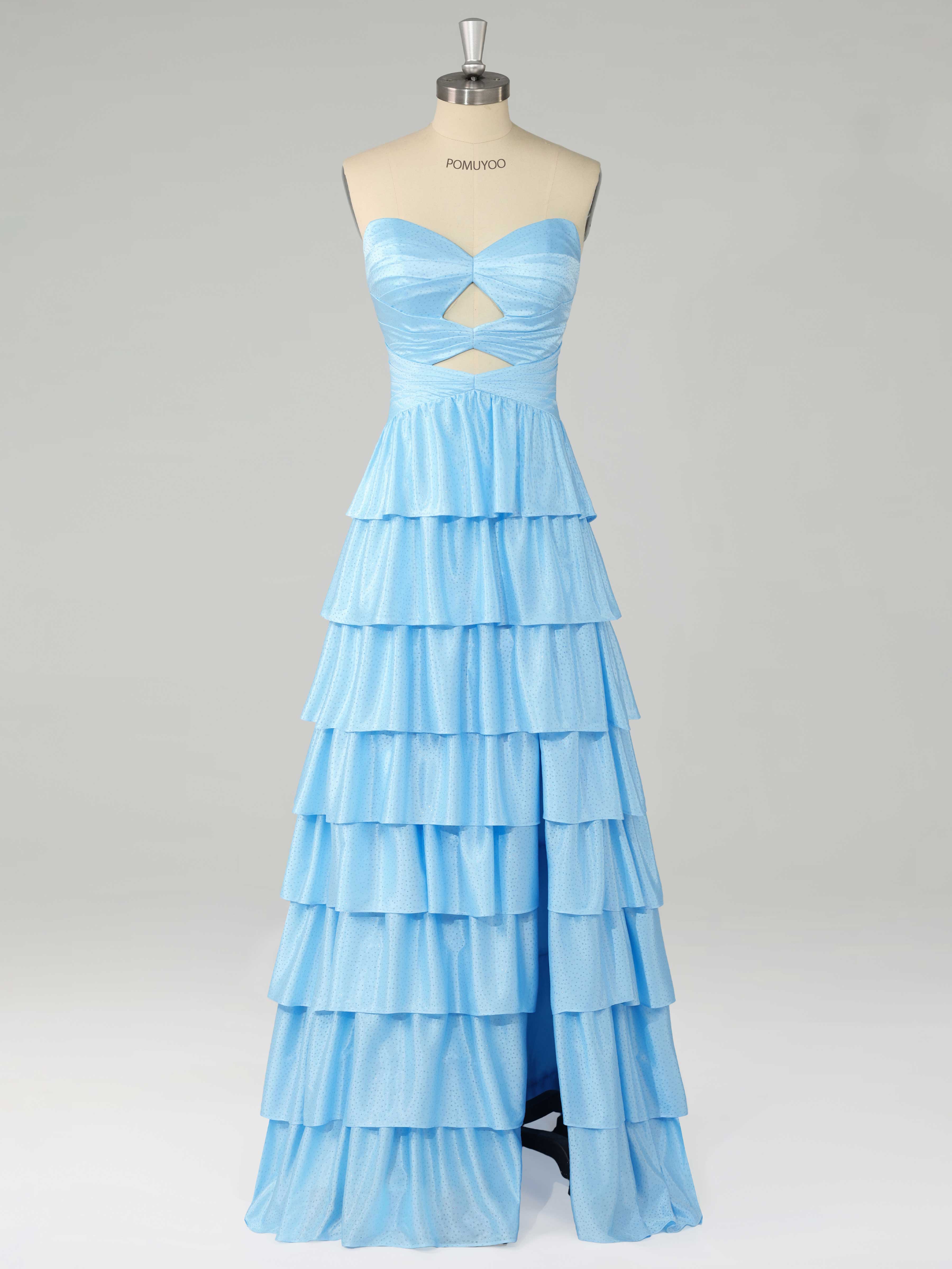 Graceful A-Line Sweetheart Tiered Sweep Train Beading Satin Prom Dresses