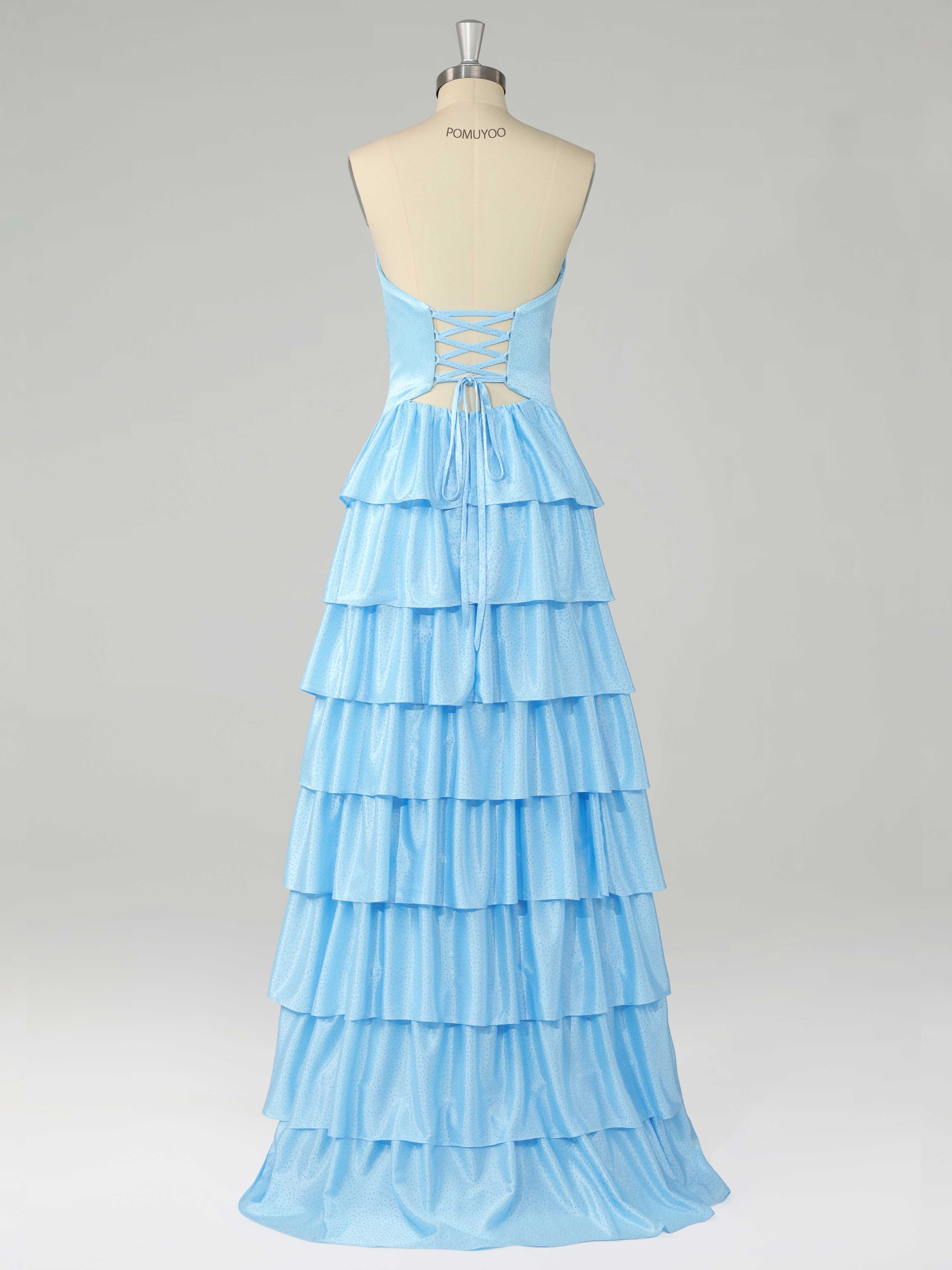 Graceful A-Line Sweetheart Tiered Sweep Train Beading Satin Prom Dresses