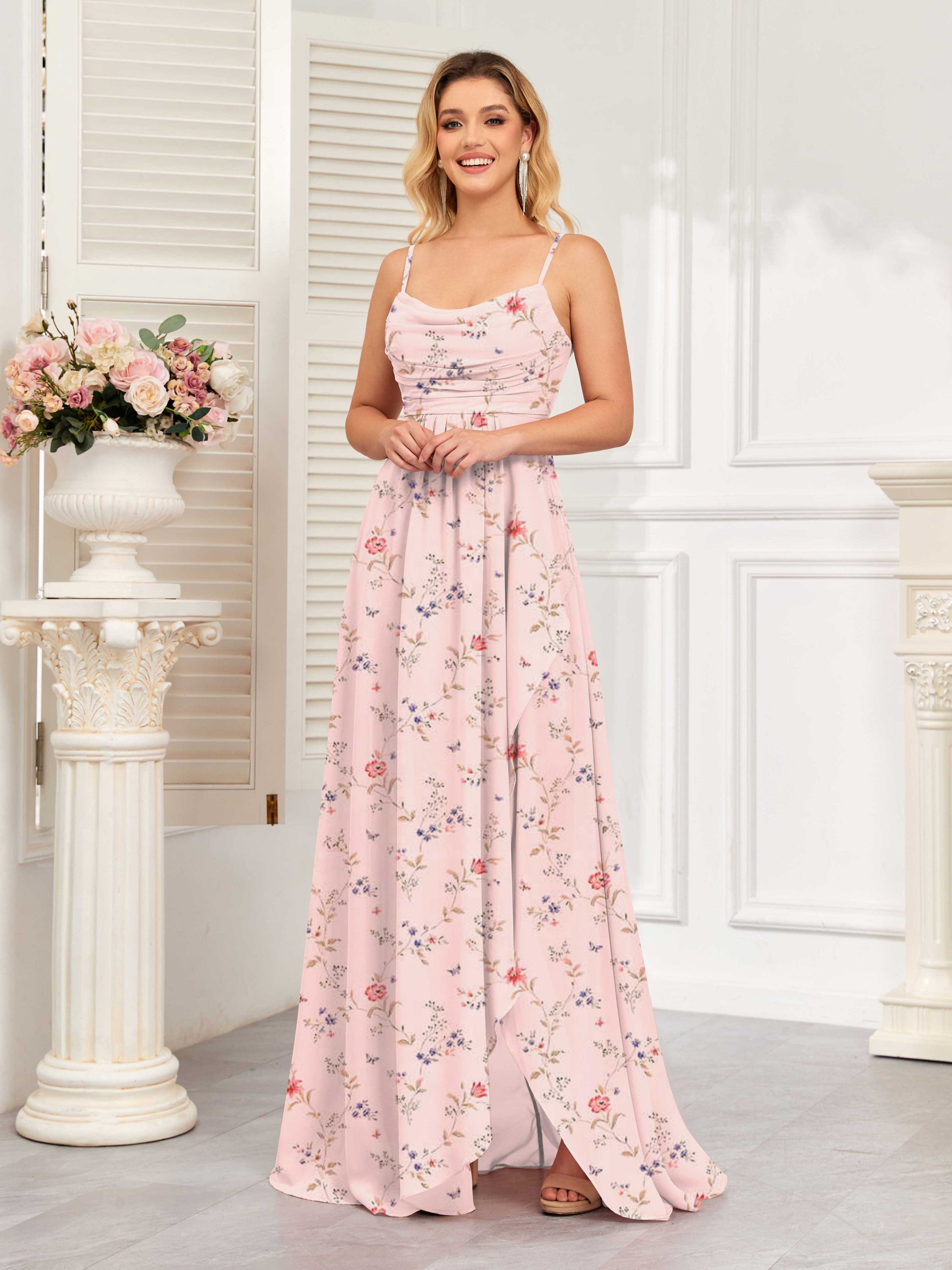 Graceful Floral A-Line Cowl Sleeveless Slit Long Chiffon Bridesmaid Dresses, Blushing Pink Graceful Floral A-Line Cowl Sleeveless Slit Long Chiffon Bridesmaid Dresses, Blushing Pink