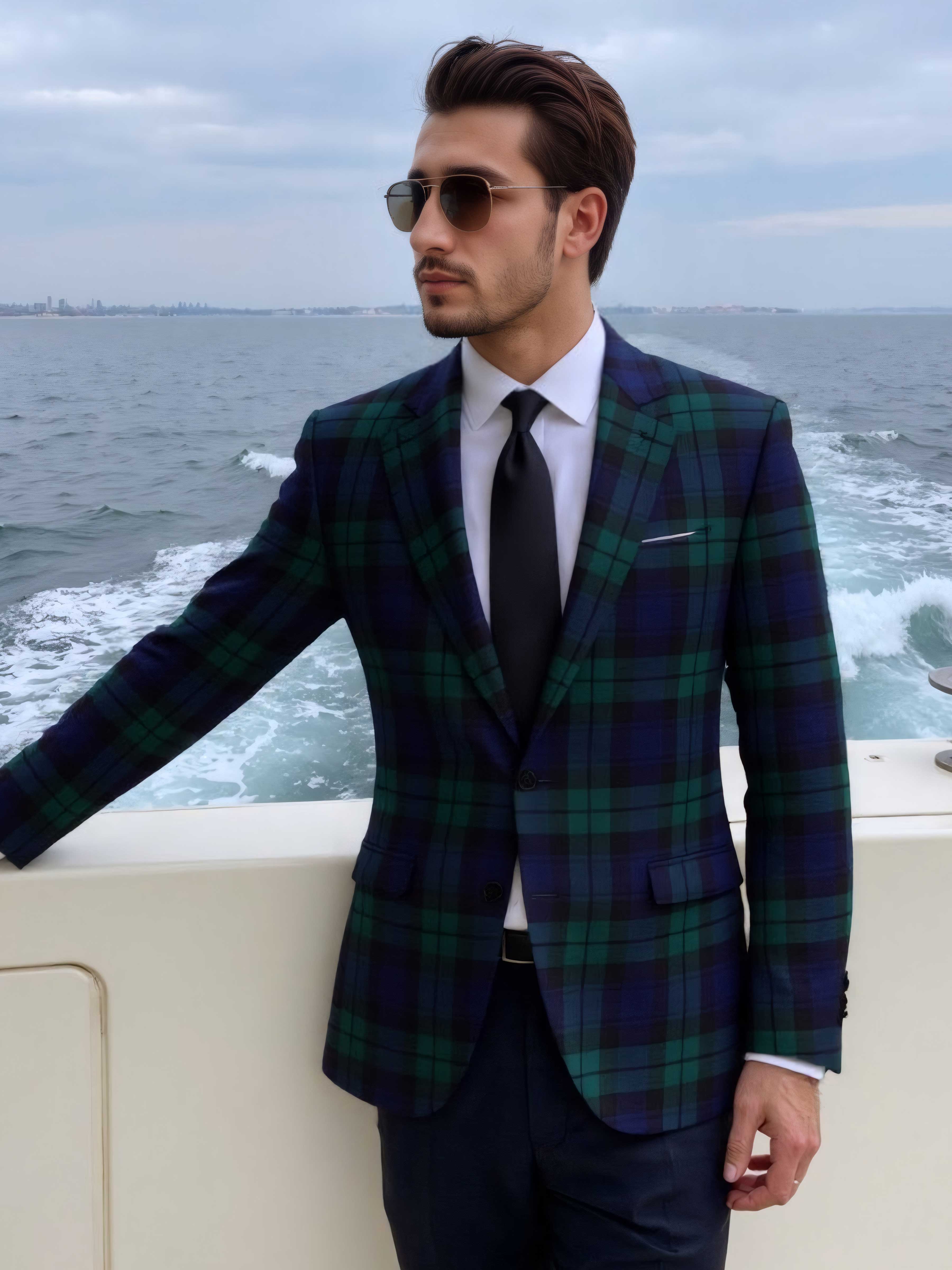 Green Men's Tailored Fit Single Breasted Plaid Casual Jacket