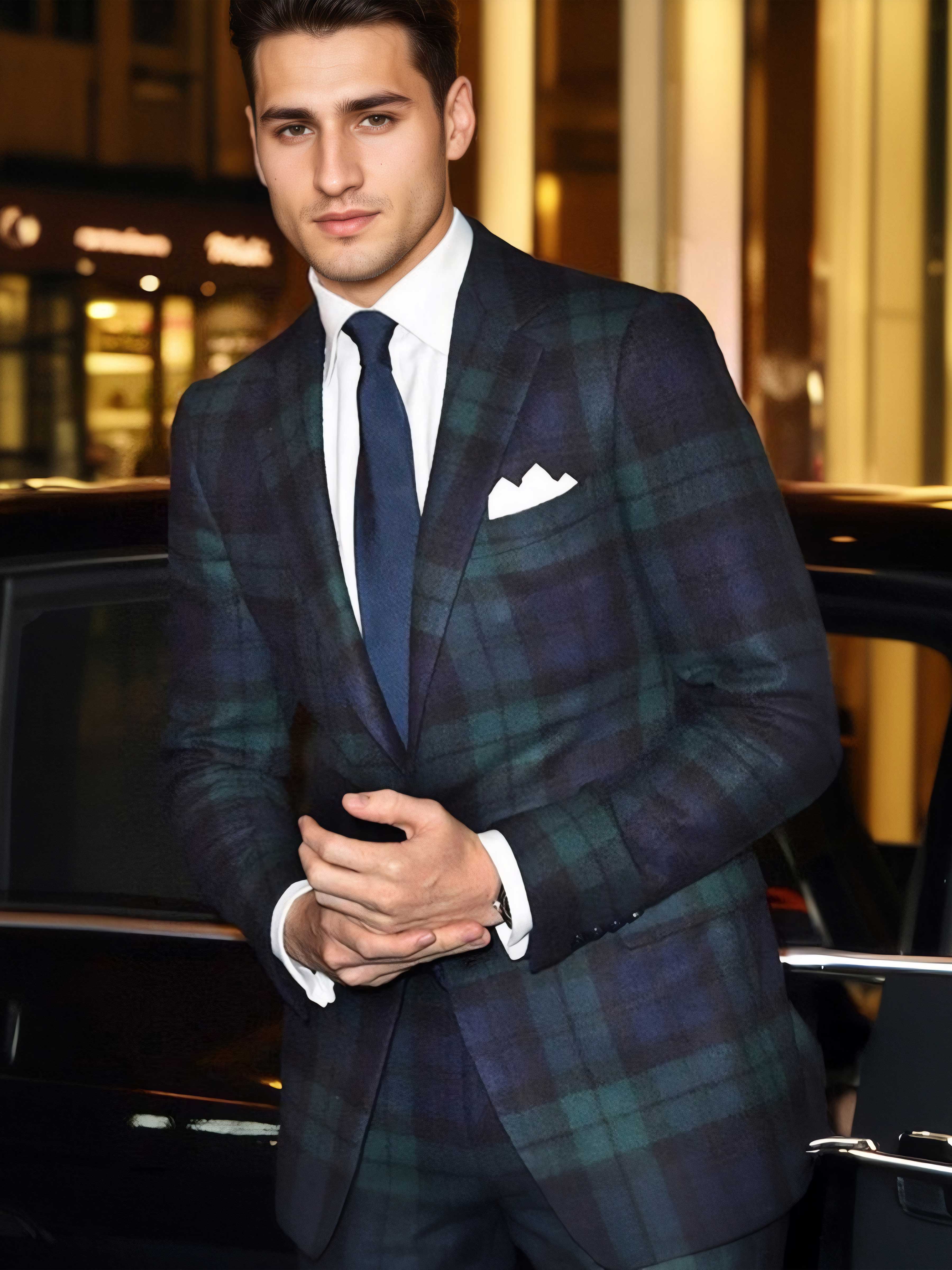 Green Men's Tailored Fit Single Breasted Plaid Casual Jacket