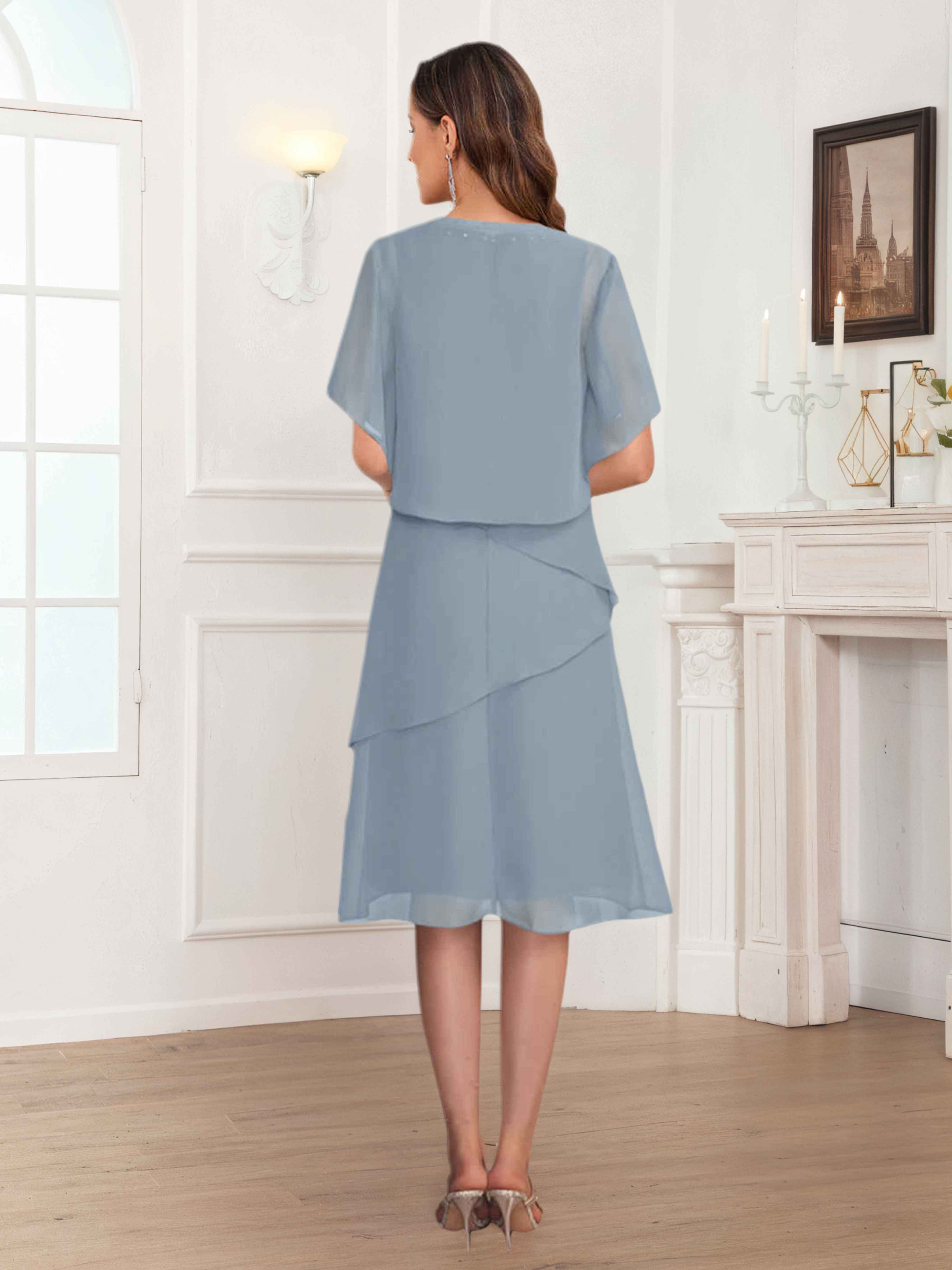 Halia Charming Two Pieces V Neck Beading Knee Length Chiffon Mother of the Bride Dresses