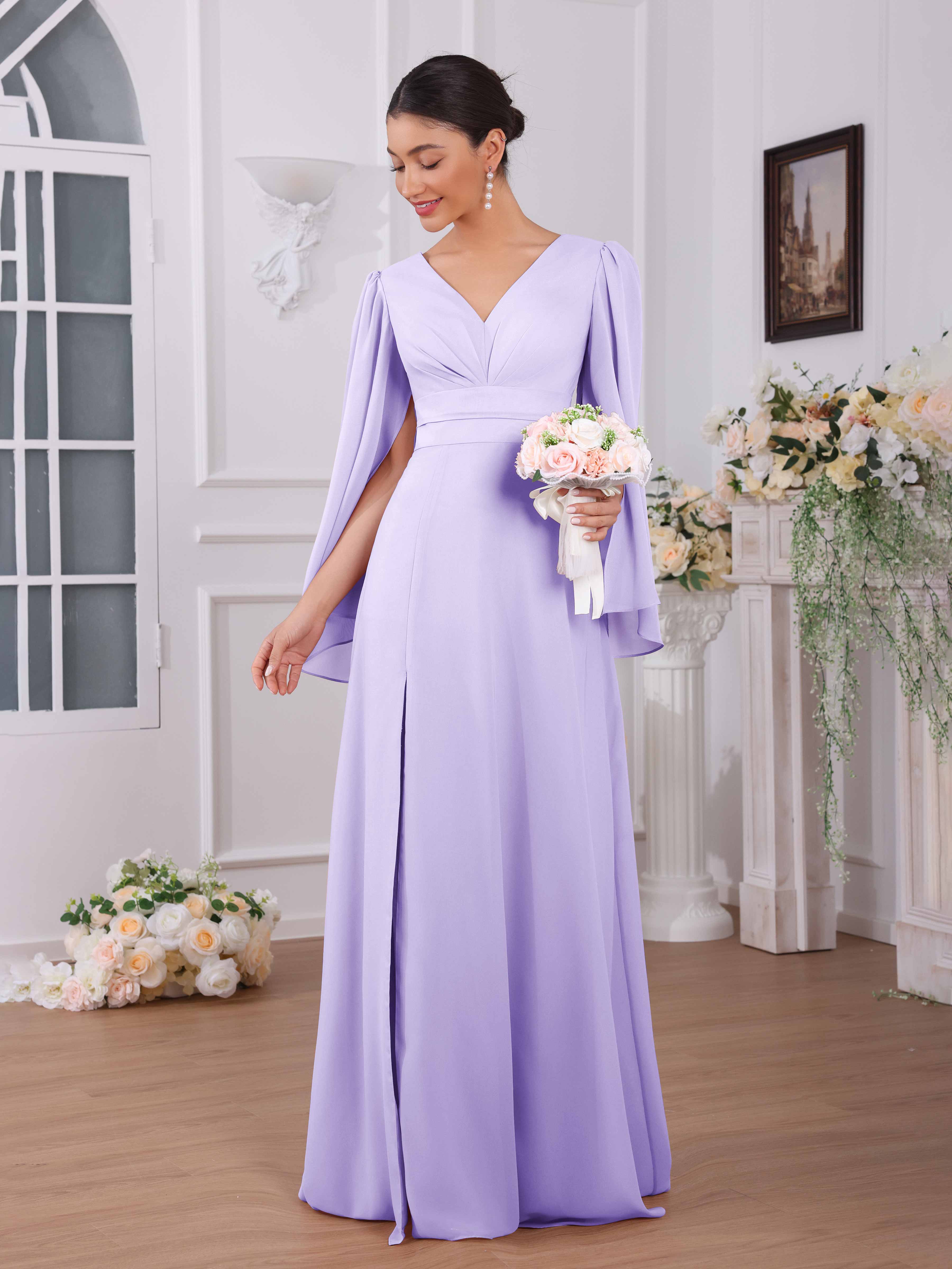 bridesmaid lilac dresses Helylith Modest V Neck Slit Floor Length Chiffon Bridesmaid Dresses, Lilac