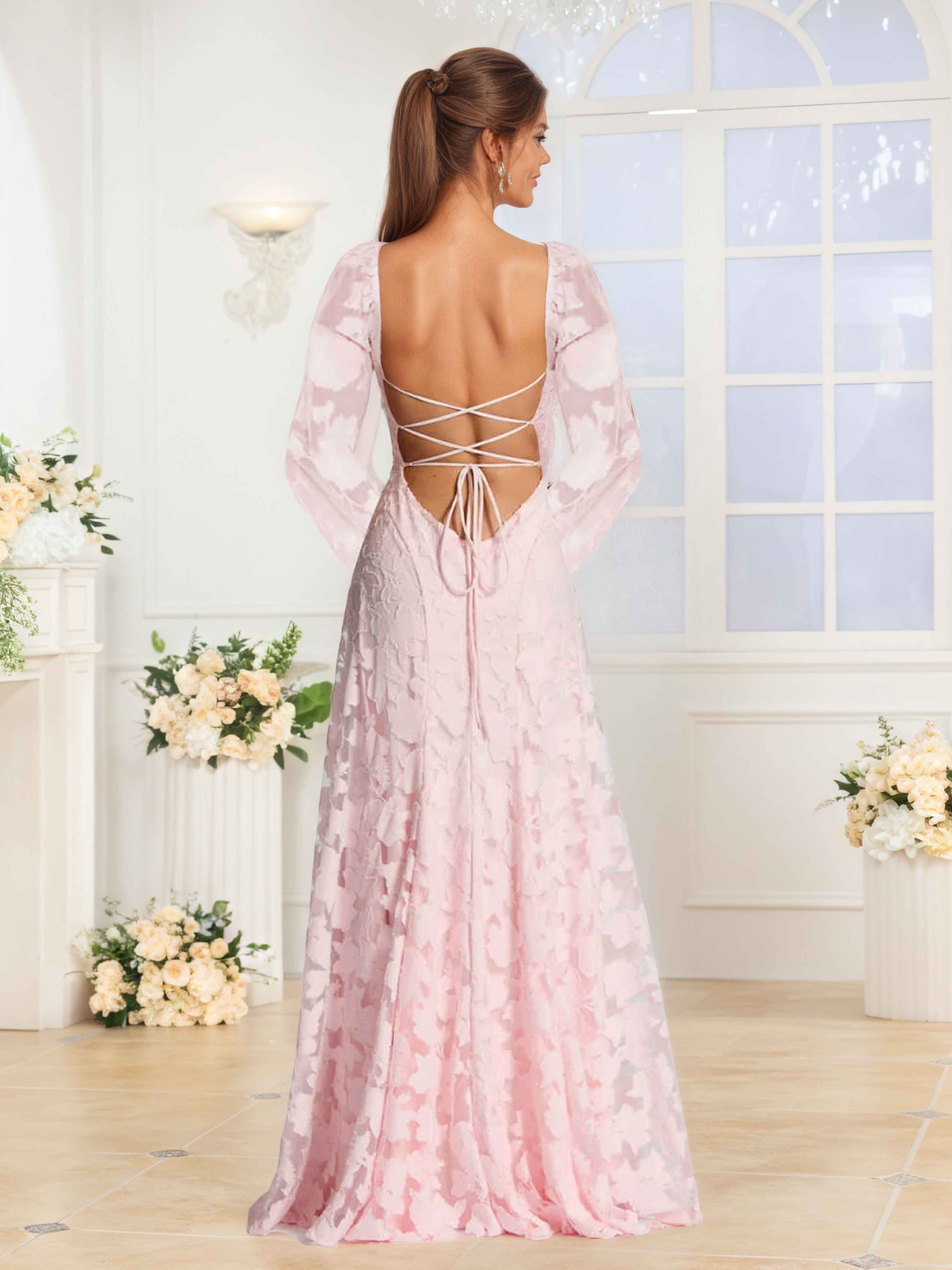 Hestia Elegant A-Line Long Sleeves Floor Length Floral Lace Bridesmaid Dresses