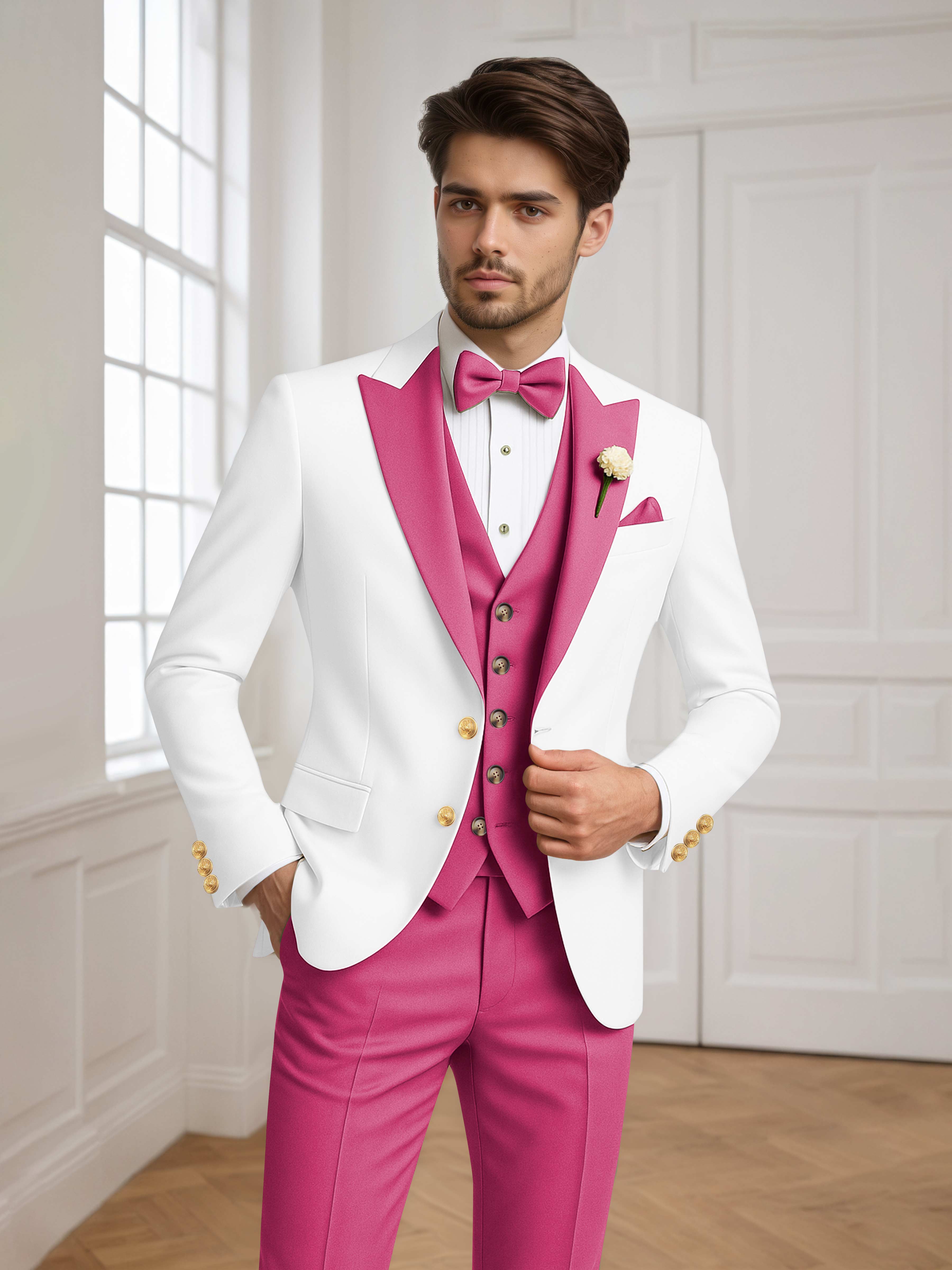 Color Block Peak Lapel Men's 3 Pieces Suit for Groom Wedding & Prom