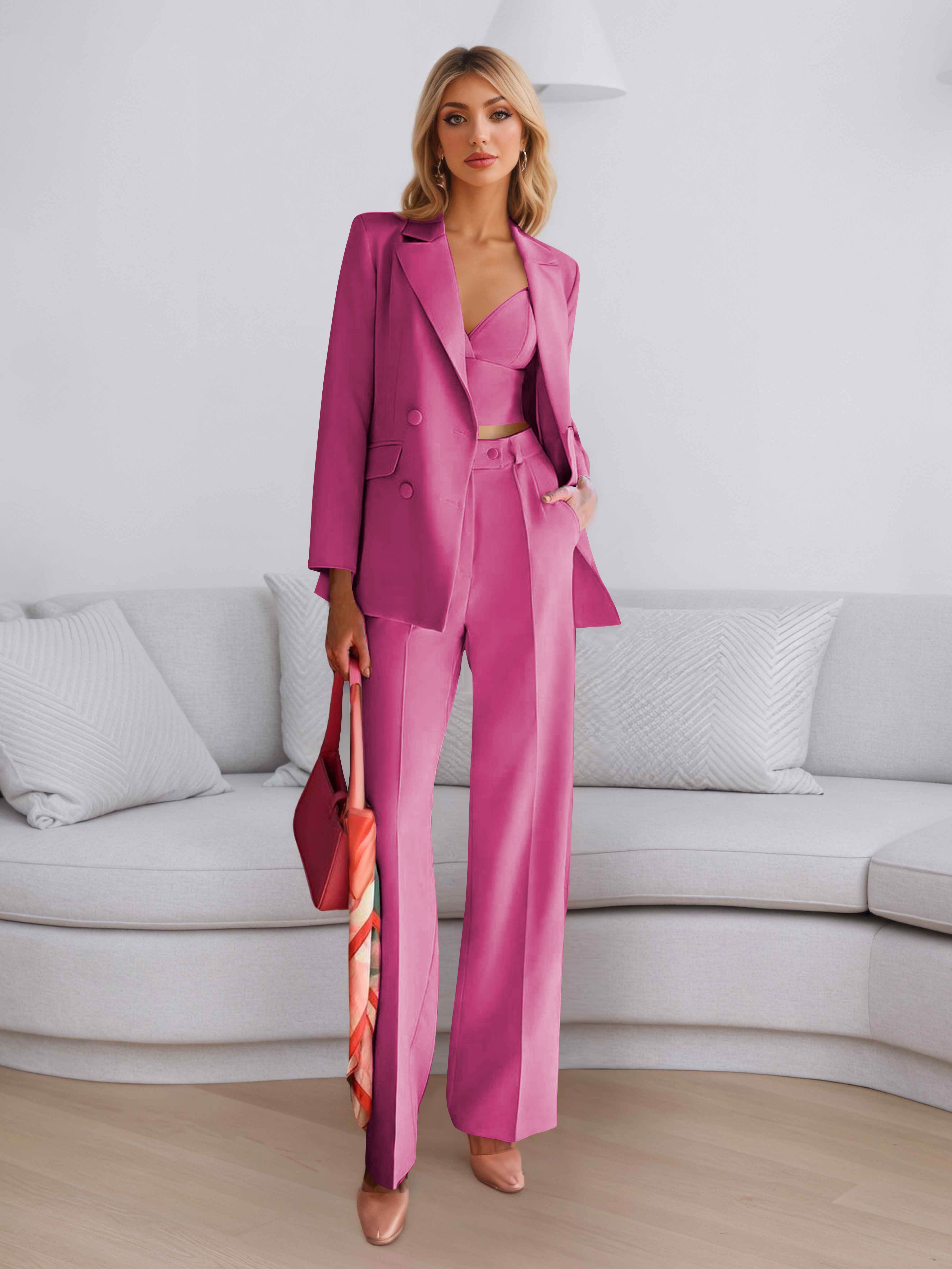 Elegant Women's 3 Pieces Solid Formal Blazer and Pants Suit Set