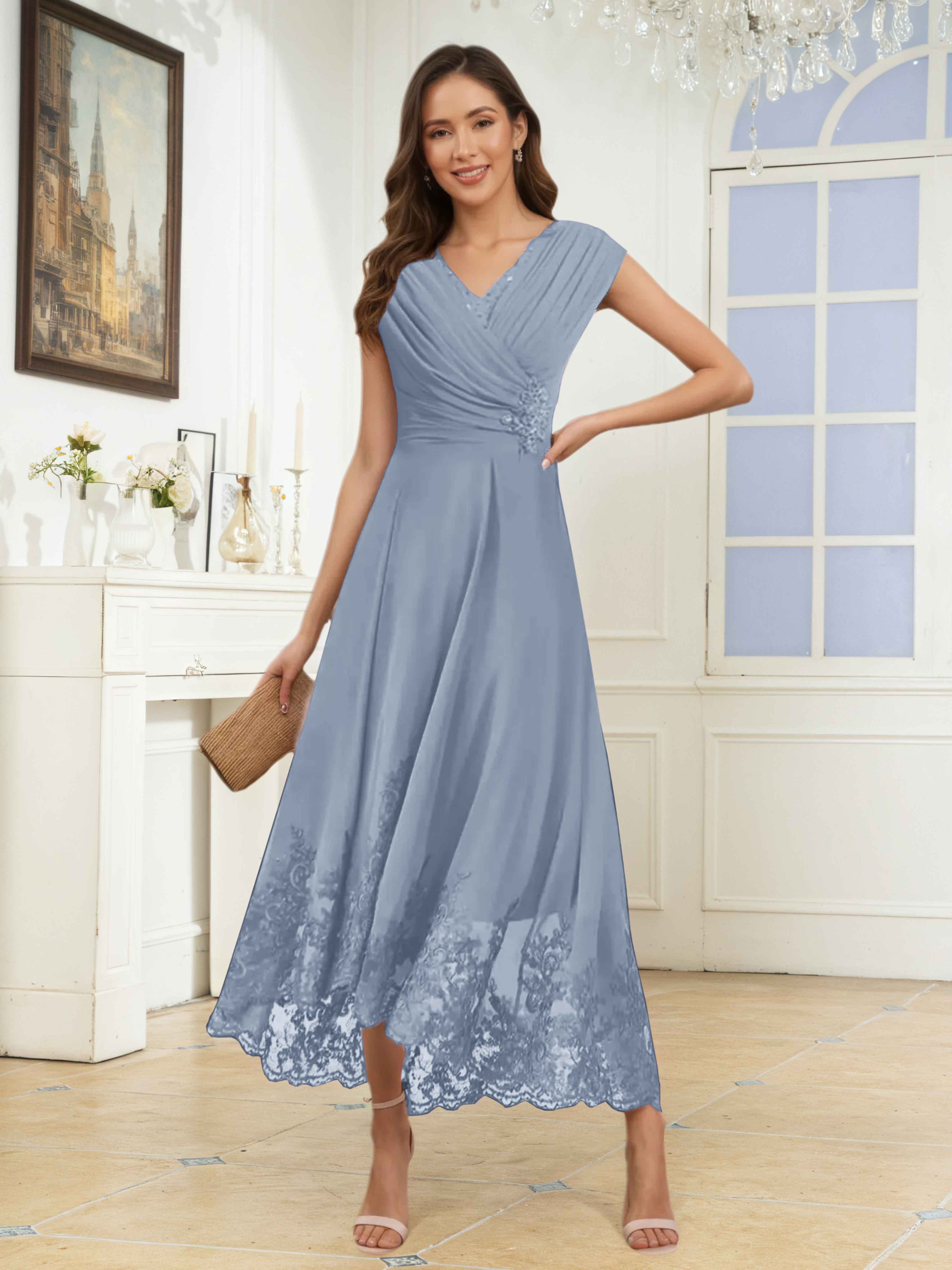 Hyacinth Flowing A-Line Lace Asymmetrical Mother of The Bride Dresses, Dusty Blue Hyacinth Flowing A-Line Lace Asymmetrical Mother of The Bride Dresses, Dusty Blue