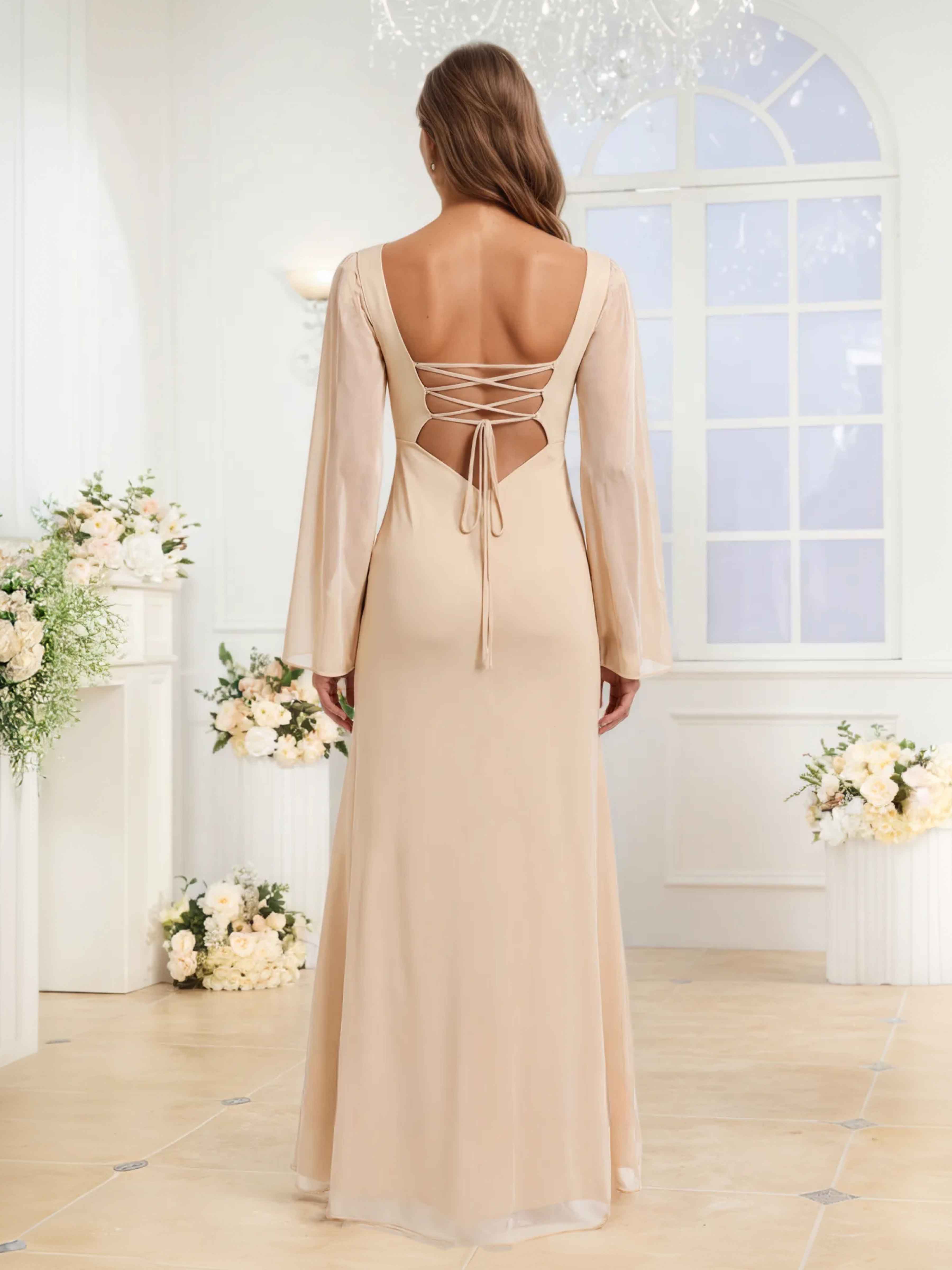Ianthe Square Long Sleeves Ruched Slit Long Chiffon Bridesmaid Dresses