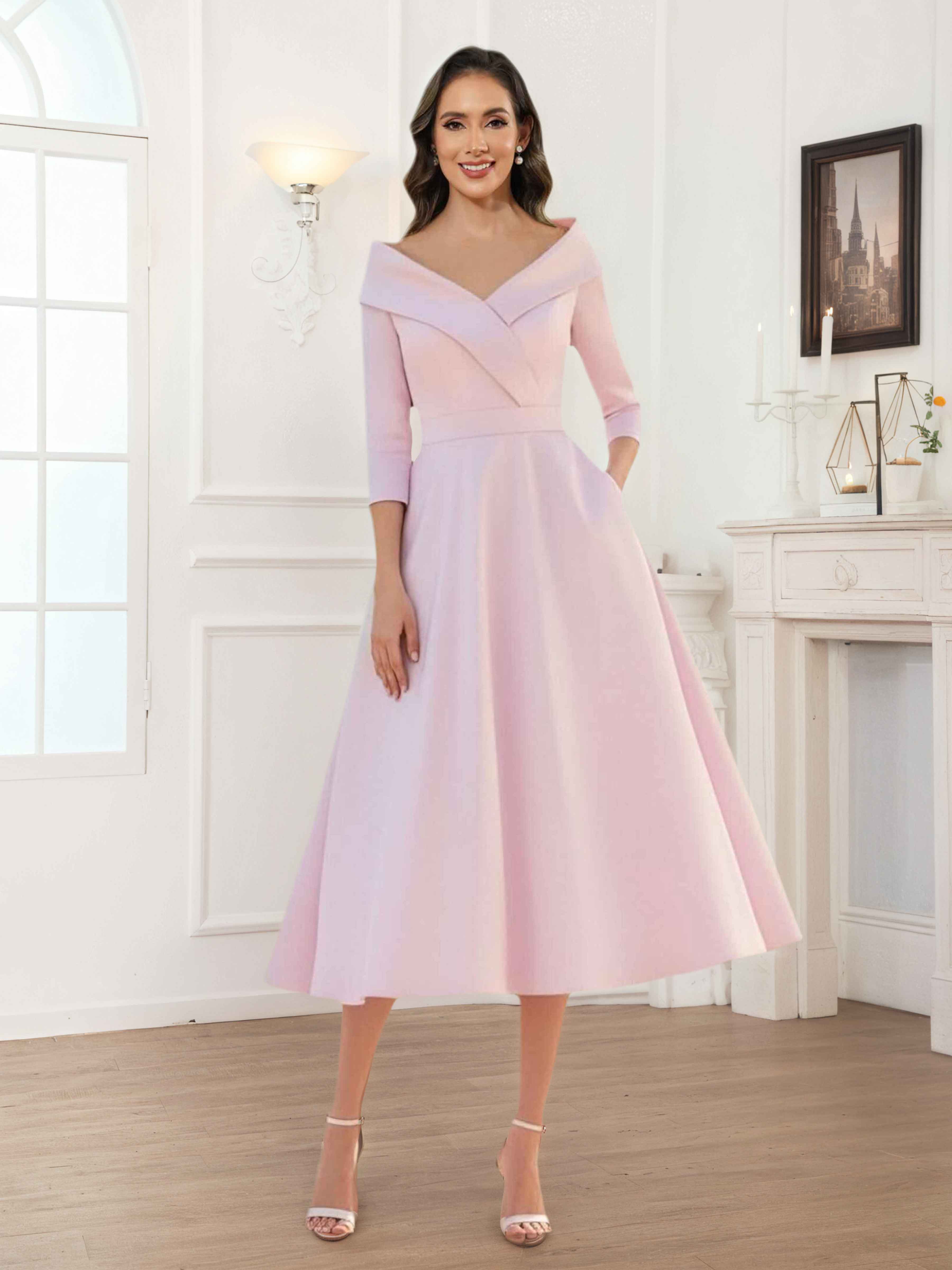 Illyria Stylish A-Line V Neck Tea Length Satin Mother of the Bride Dresses