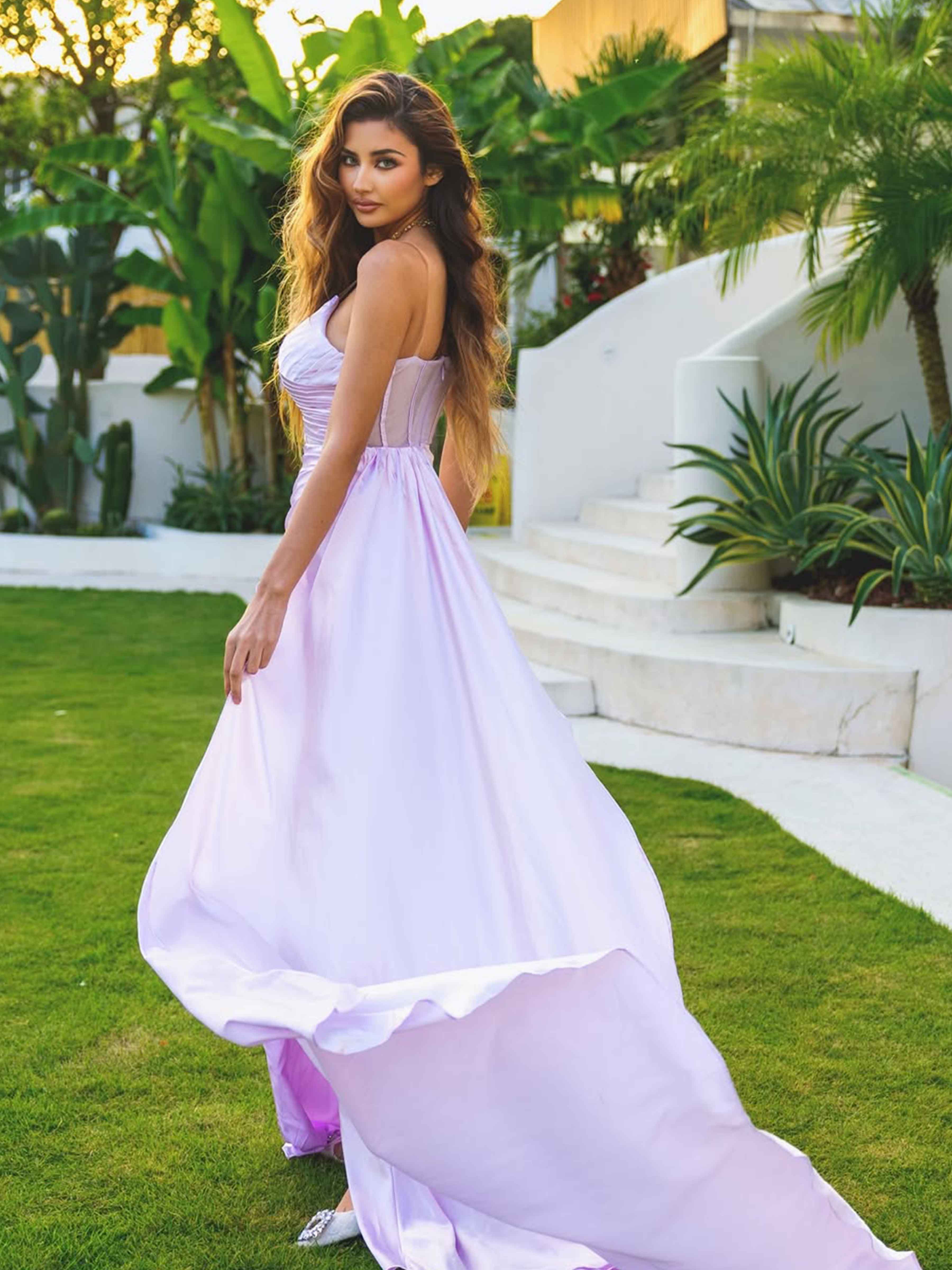 Ione Gorgeous Mermaid V Neck Ruched Slit Long Satin Bridesmaid Dresses