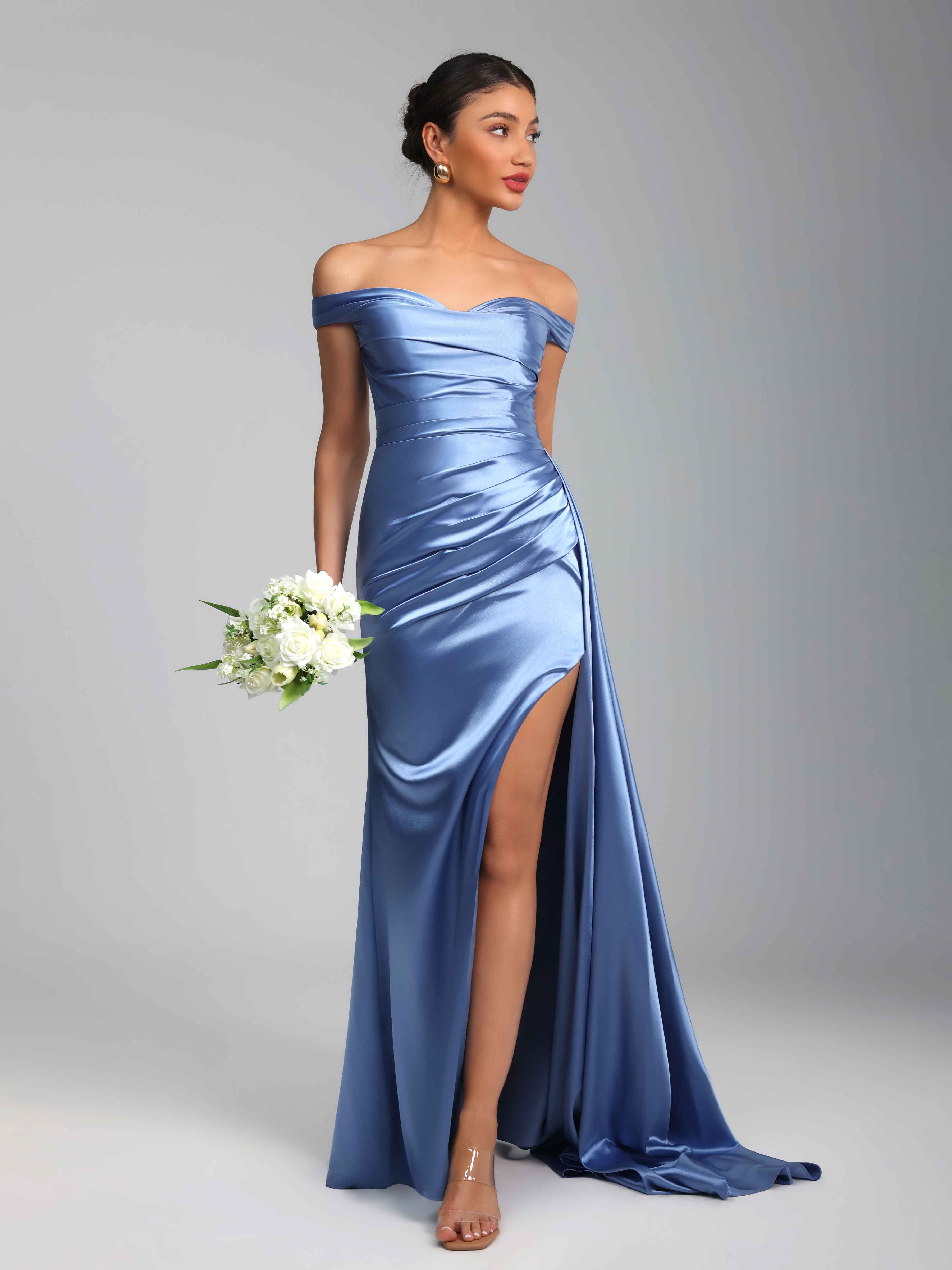Iraelith Elegant Sheath Off the Shoulder Ruched Slit Long Satin Prom Dresses