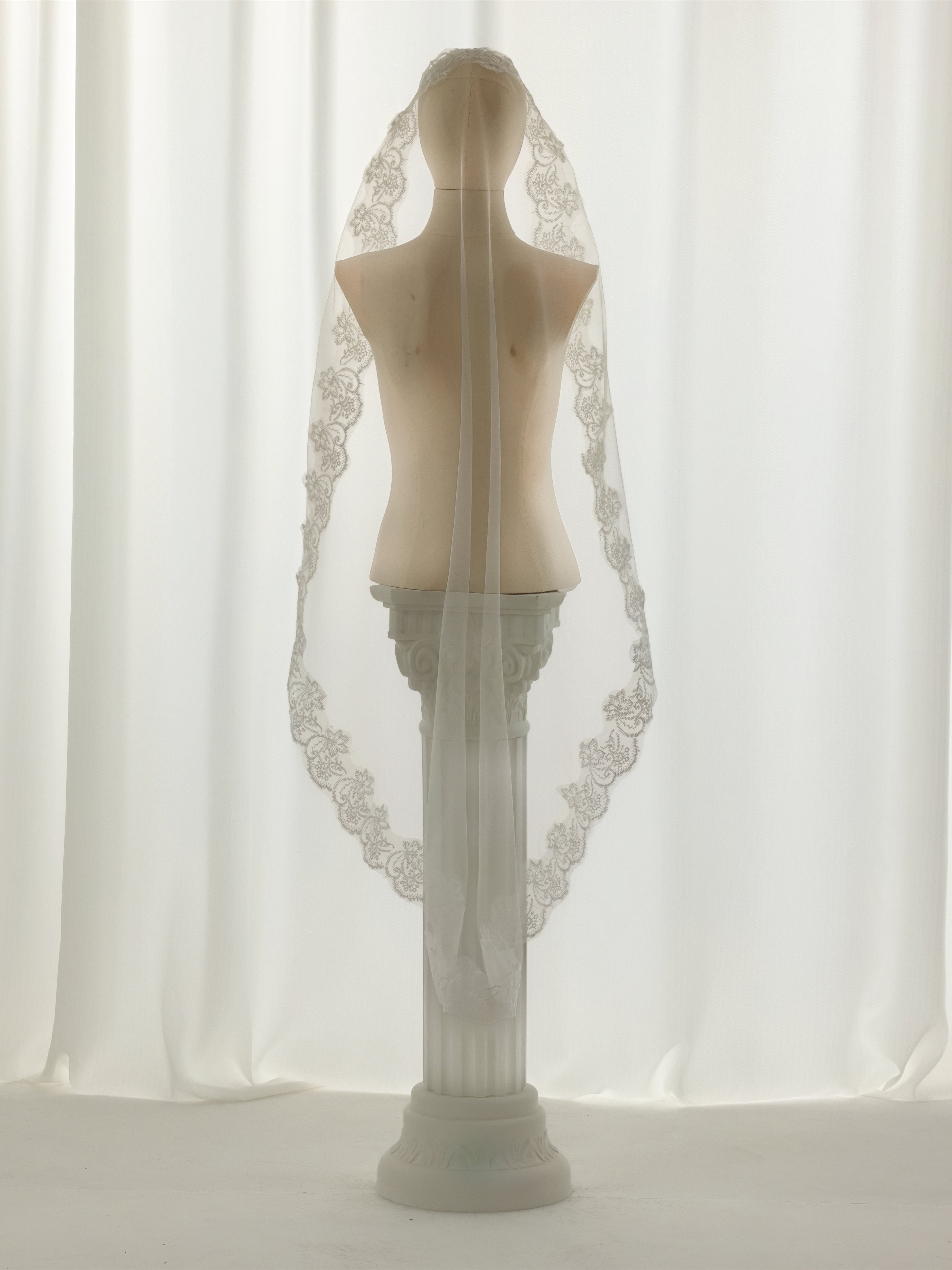 Ivory Mantilla Wedding Veil with Floral Lace Border