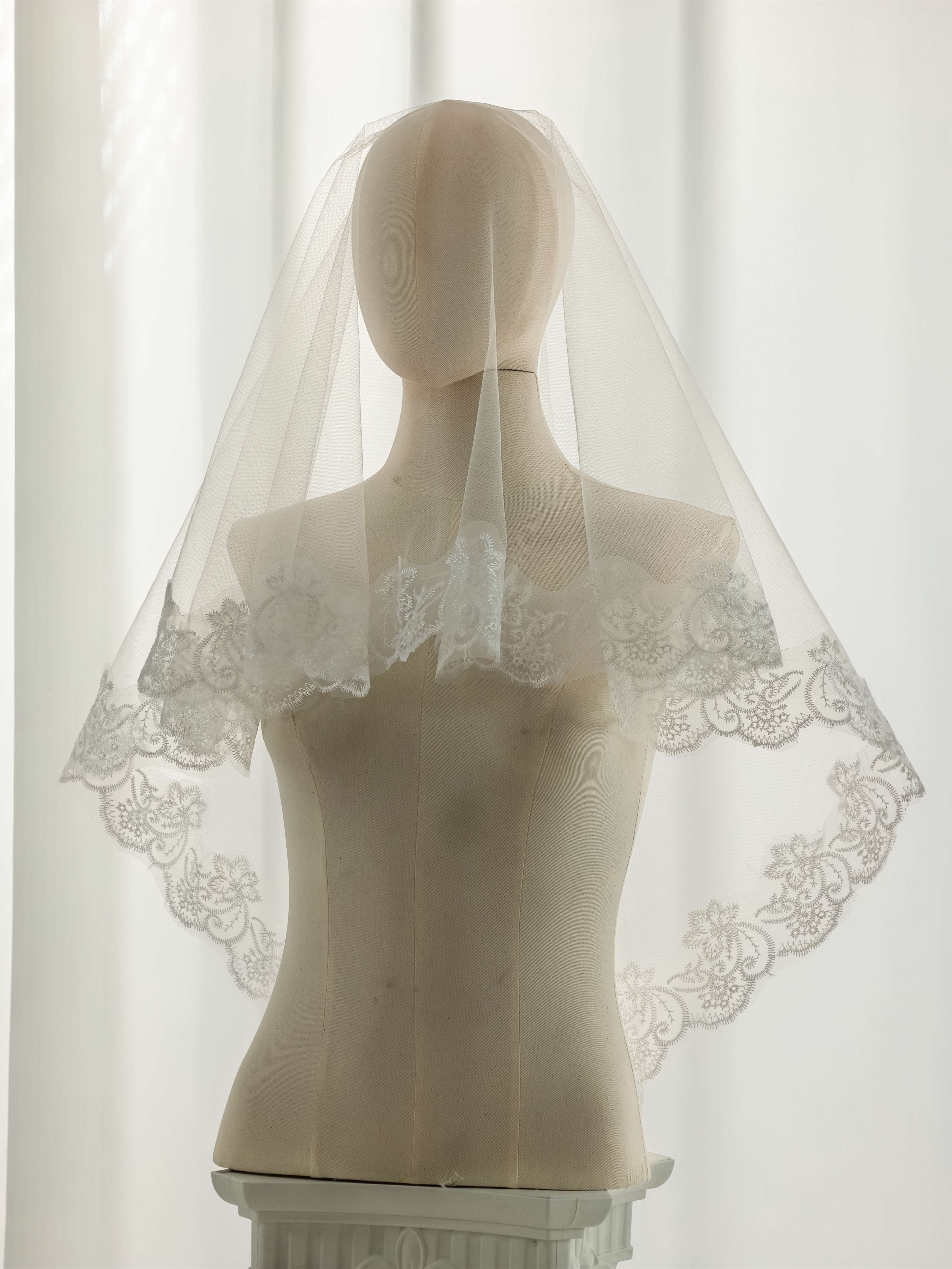 Ivory Mantilla Wedding Veil with Floral Lace Border