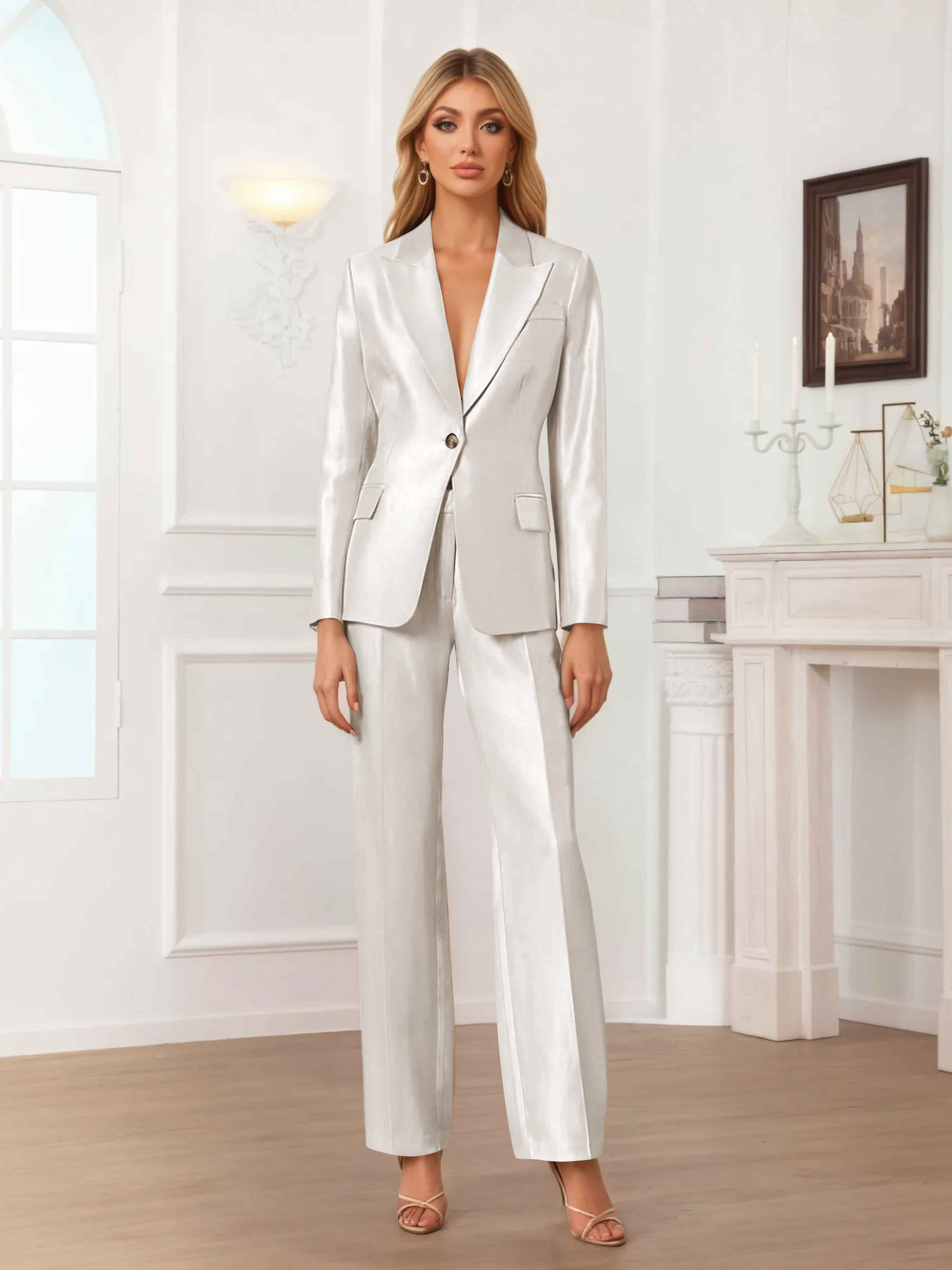 Women's 2 Pieces Peak Lapel One-Button Satin Formal Suit Set