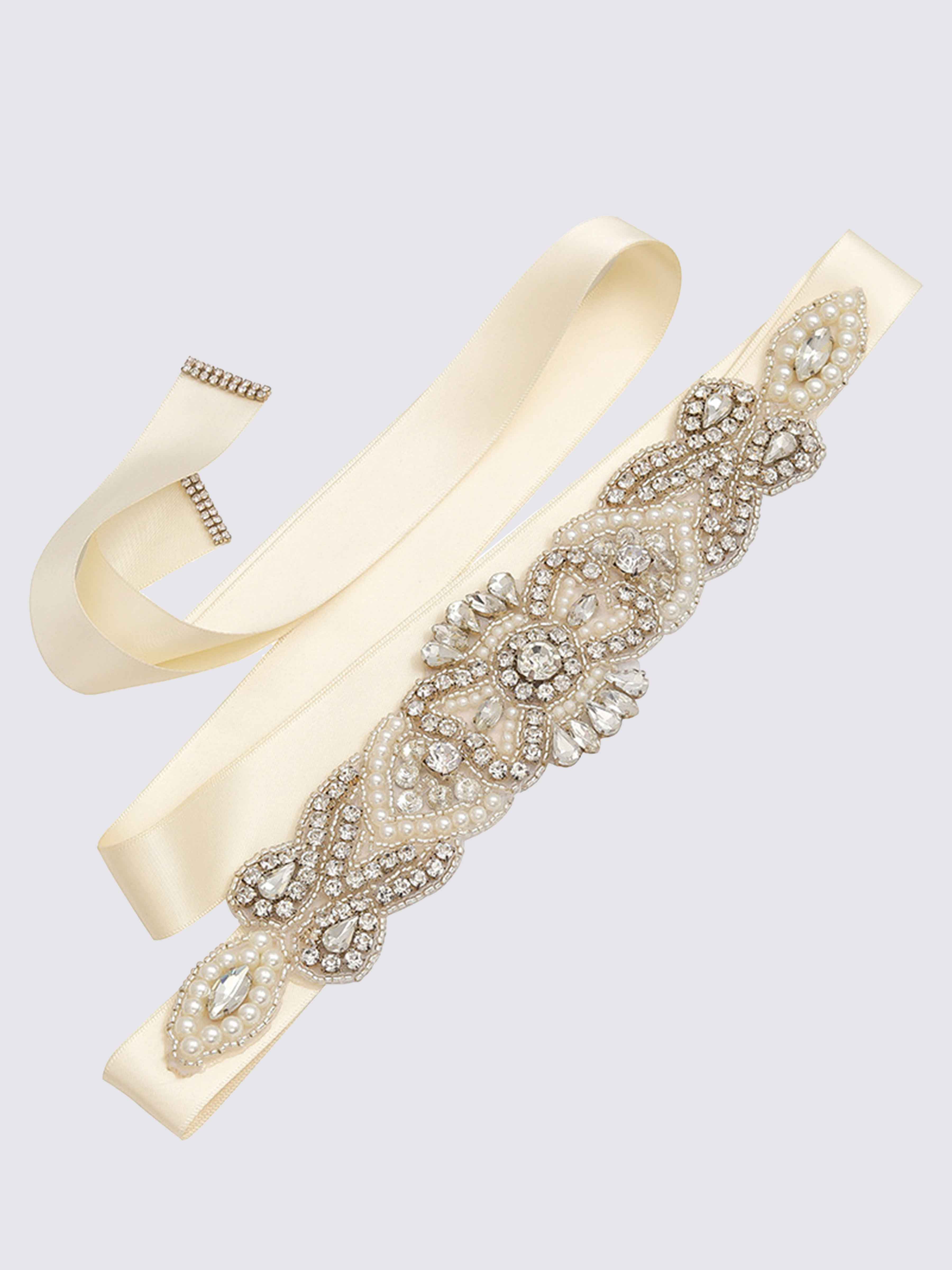 Vintage Crystal Pearl Waistband, Luxurious Ribbon Sash Belt