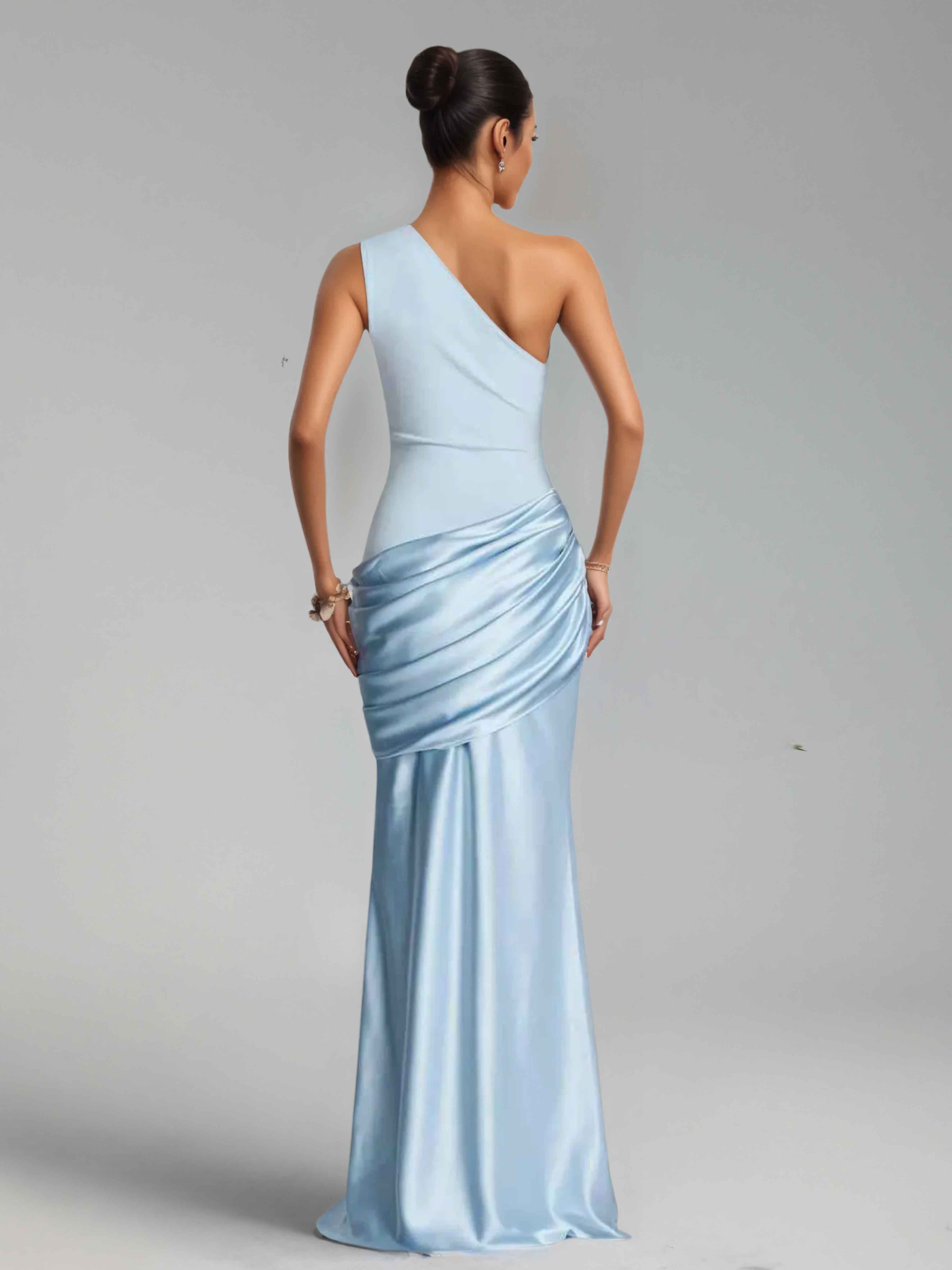 Jaelithra Gorgeous One Shoulder Pleated Satin Long Prom Dresses